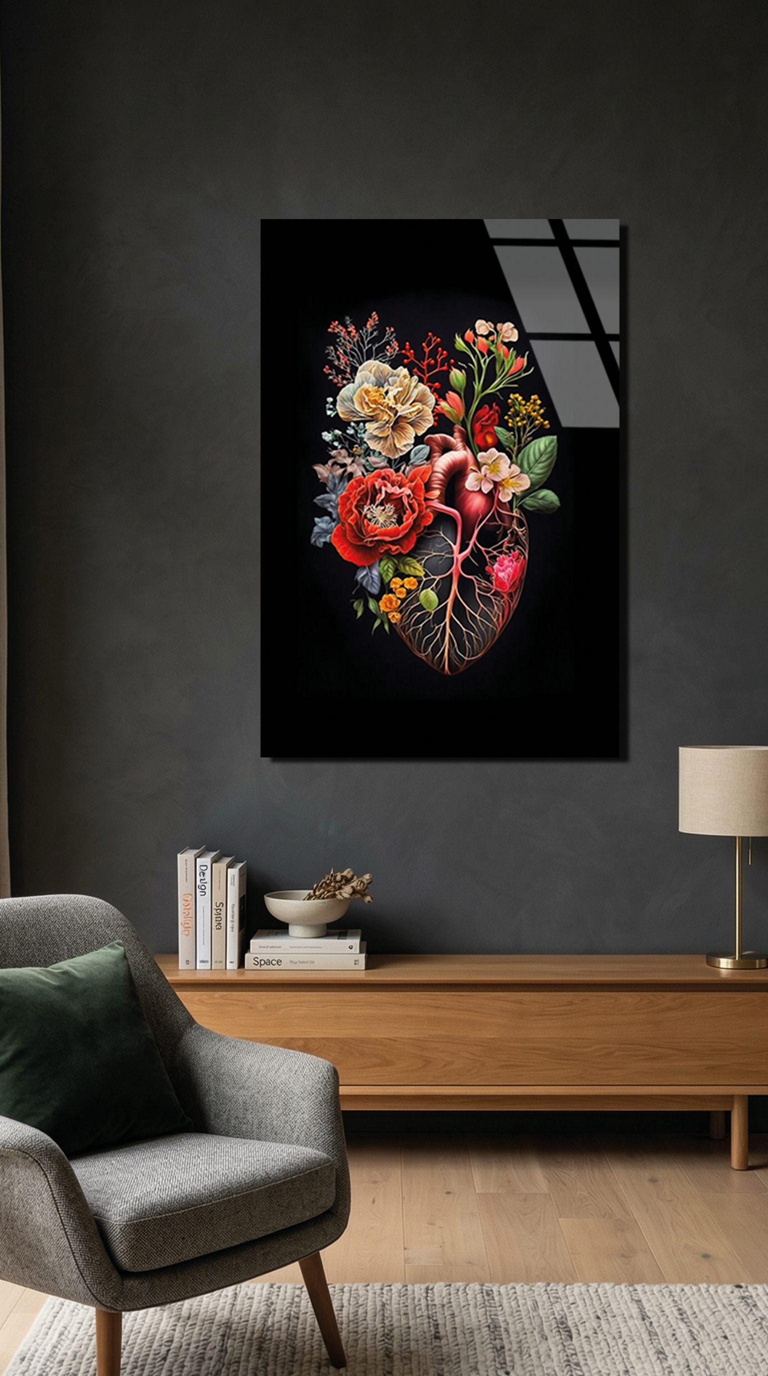 Modern Sanat Çiçekli Kalp Cam Tablo | Vitraum