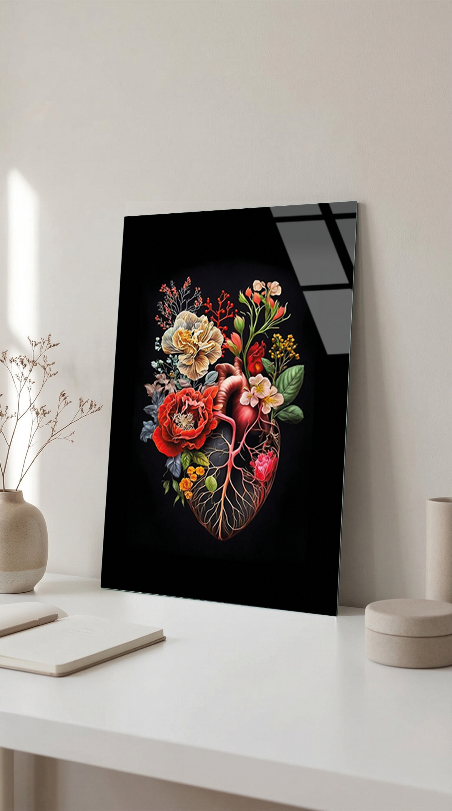 Modern Sanat Çiçekli Kalp Cam Tablo | Vitraum