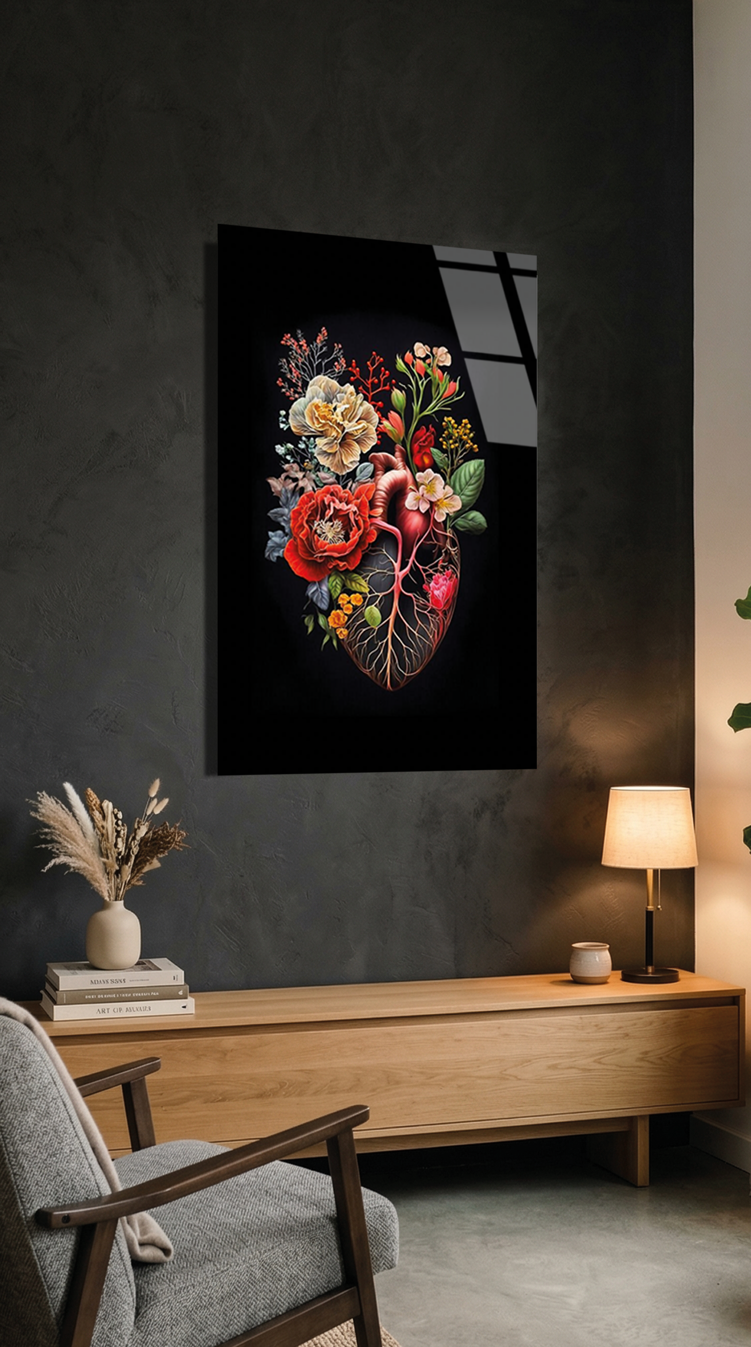 Modern Sanat Çiçekli Kalp Cam Tablo | Vitraum