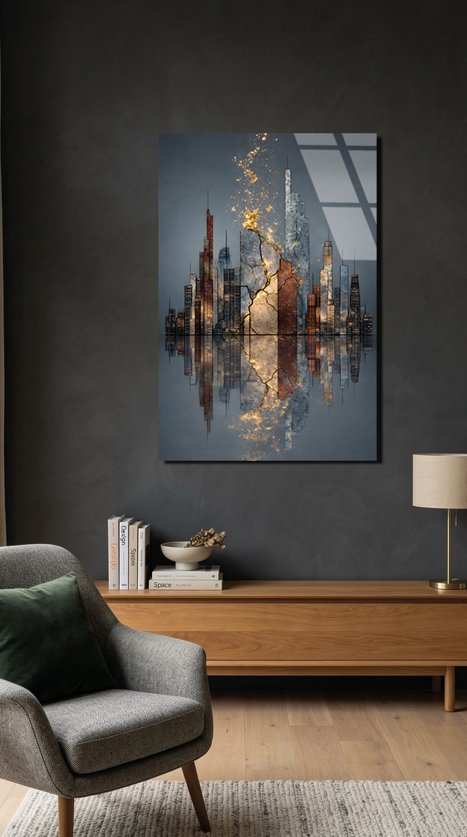 Modern Şehir Silüeti Altın Efektli Cam Tablo | Vitraum