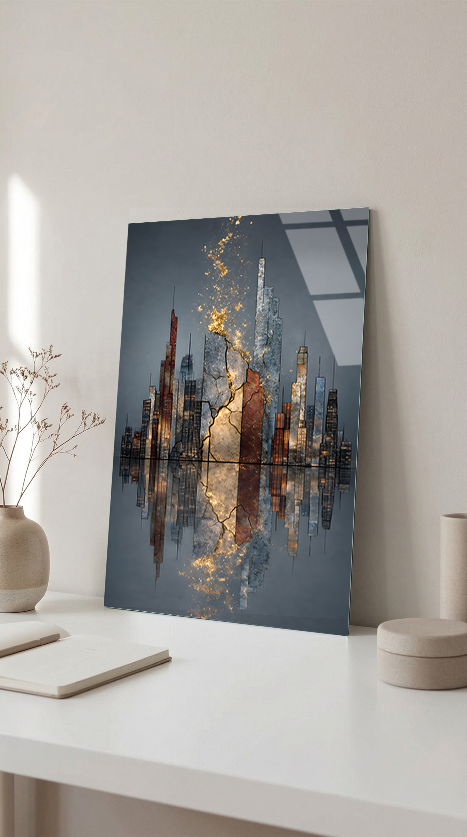 Modern Şehir Silüeti Altın Efektli Cam Tablo | Vitraum