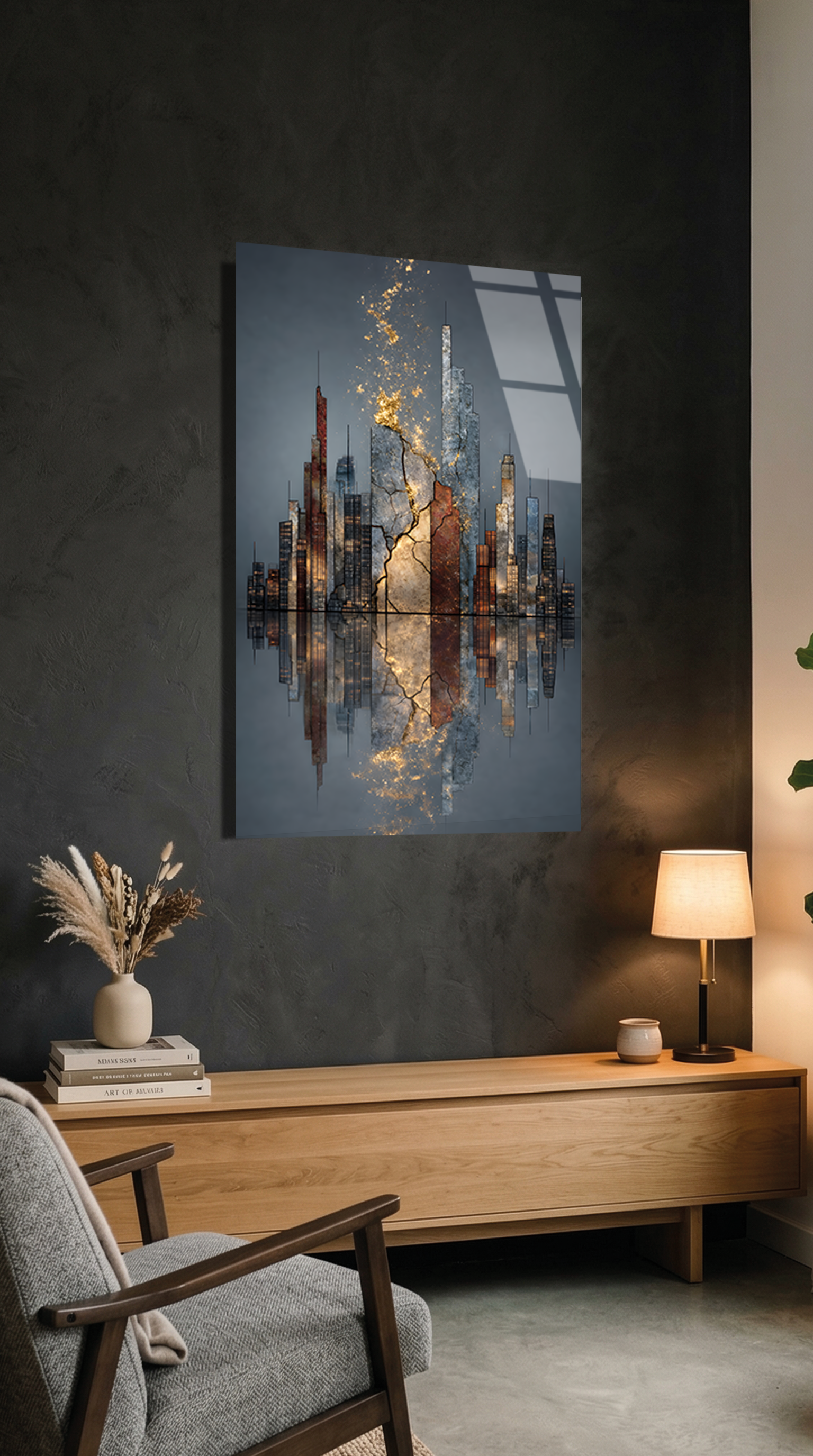 Modern Şehir Silüeti Altın Efektli Cam Tablo | Vitraum
