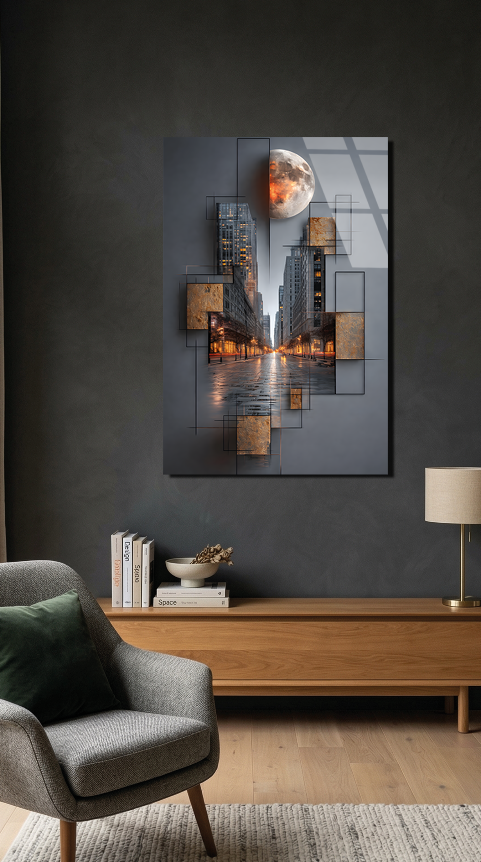 Premium Ay ve Şehir Silüeti Cam Tablo | Vitraum