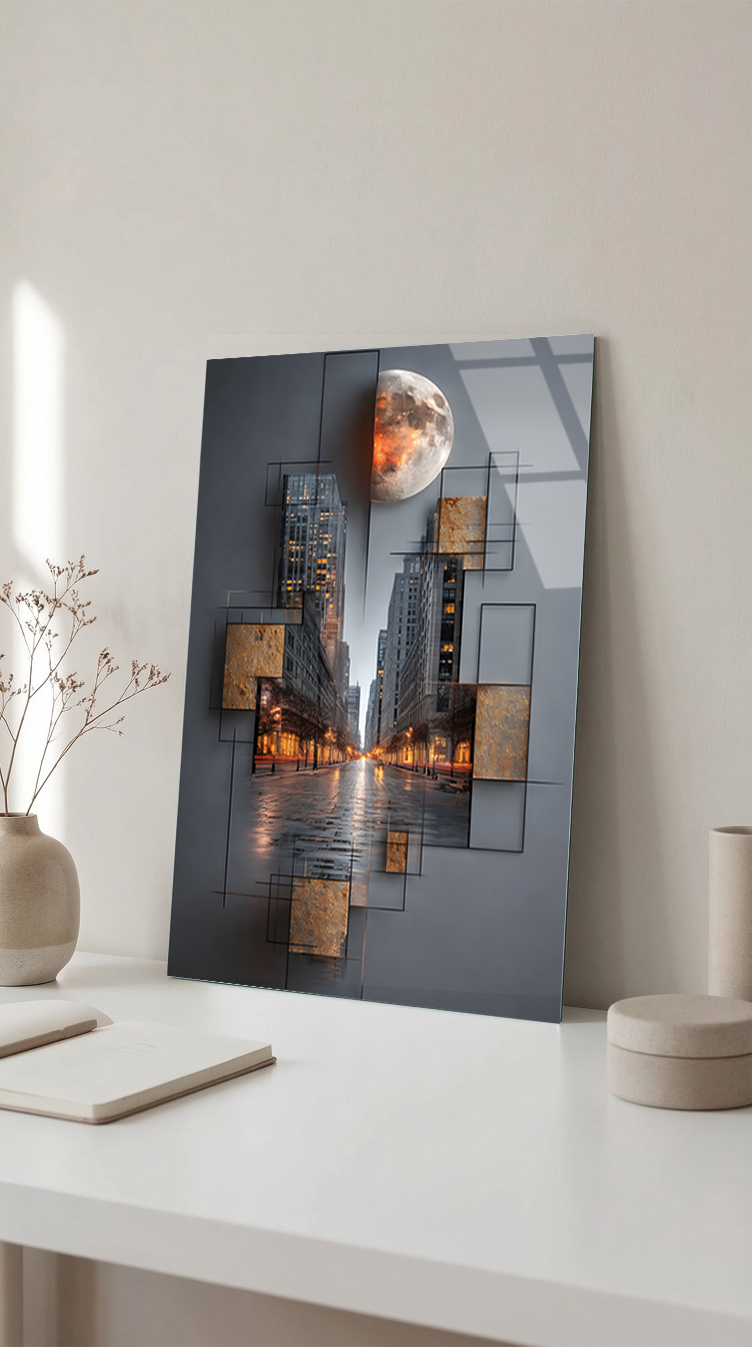 Premium Ay ve Şehir Silüeti Cam Tablo | Vitraum