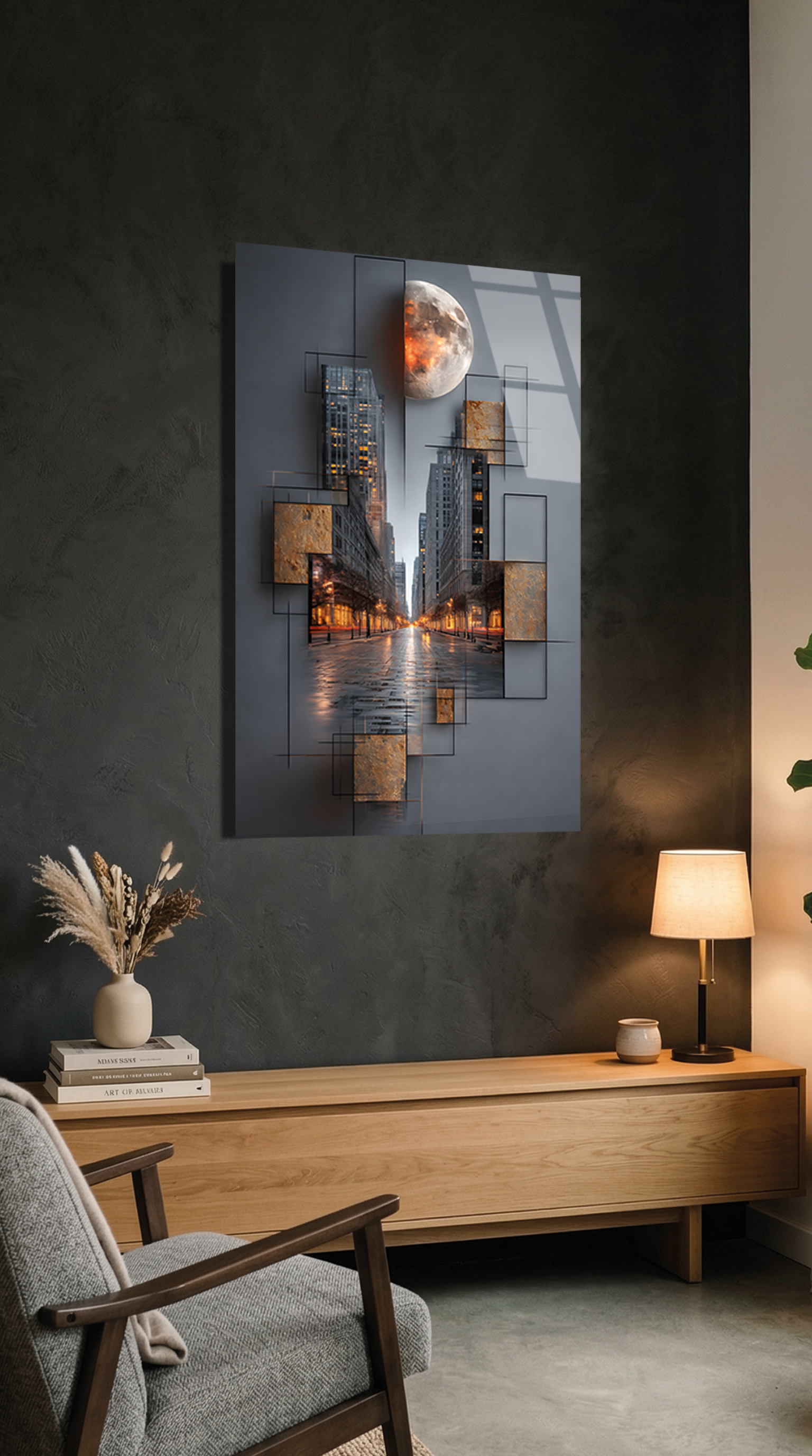 Premium Ay ve Şehir Silüeti Cam Tablo | Vitraum