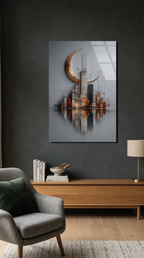 Premium Hilal ve Şehir Silüeti Cam Tablo | Vitraum