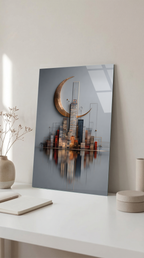 Premium Hilal ve Şehir Silüeti Cam Tablo | Vitraum