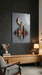 Premium Hilal ve Şehir Silüeti Cam Tablo | Vitraum