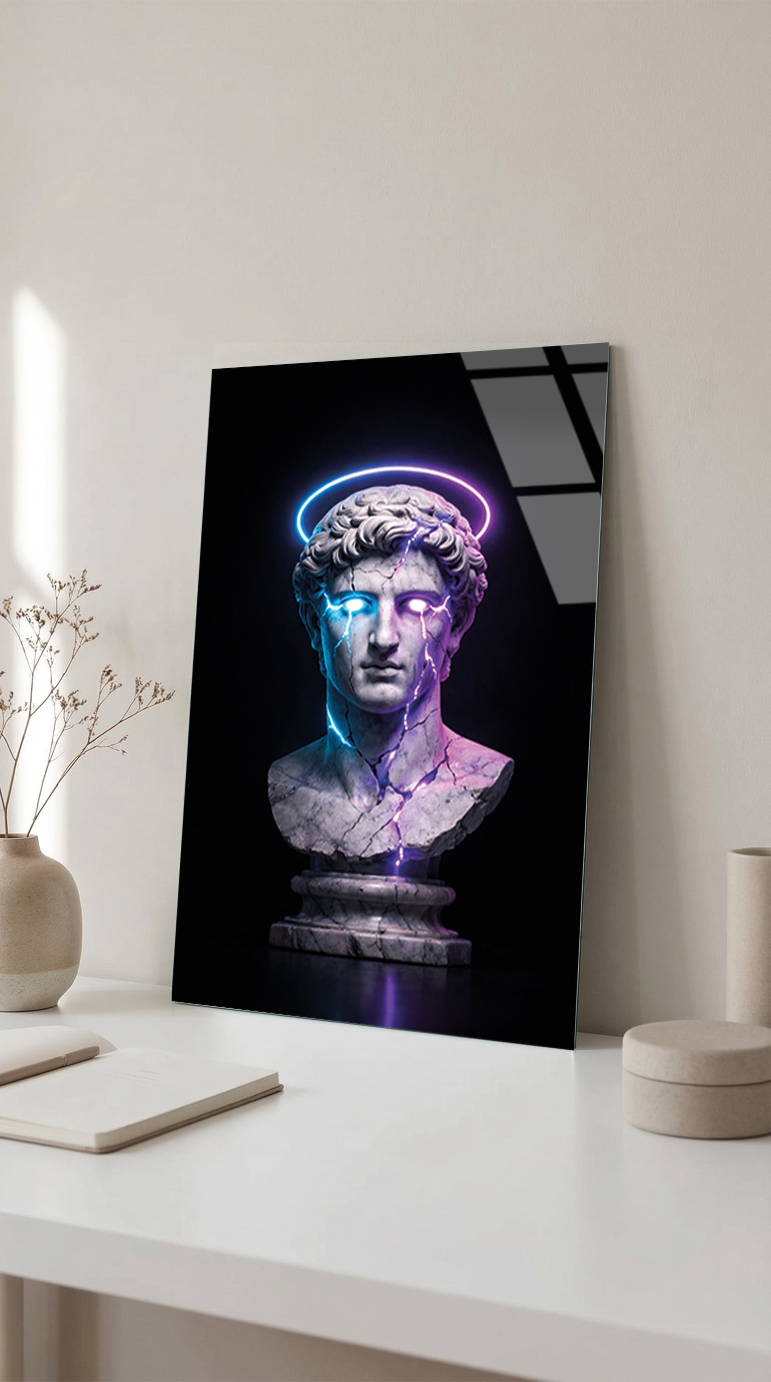 Neonlu Antik Heykel Cam Tablo | Vitraum