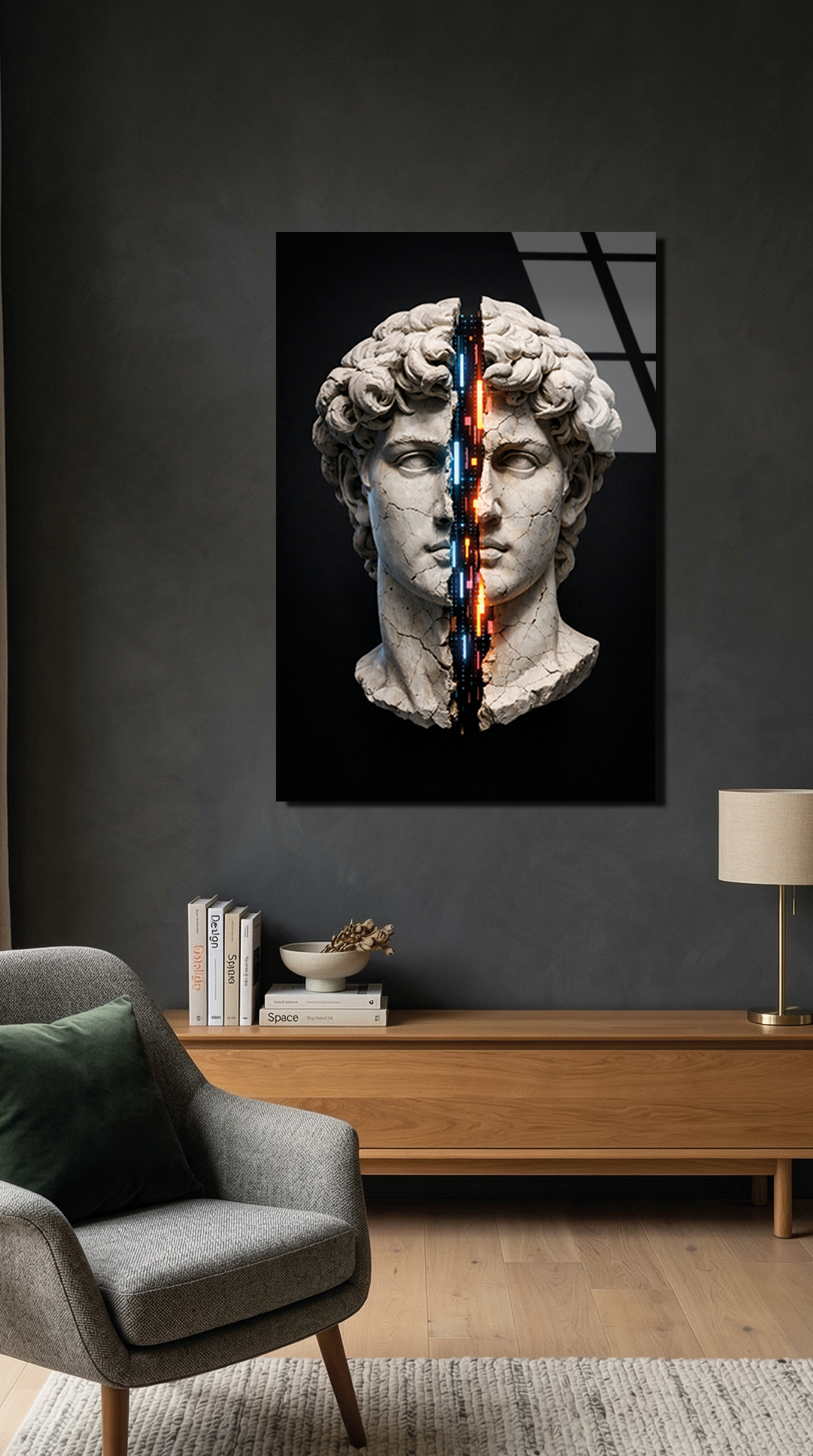 Bölünmüş Heykel ve Neon Detaylı Cam Tablo | Vitraum