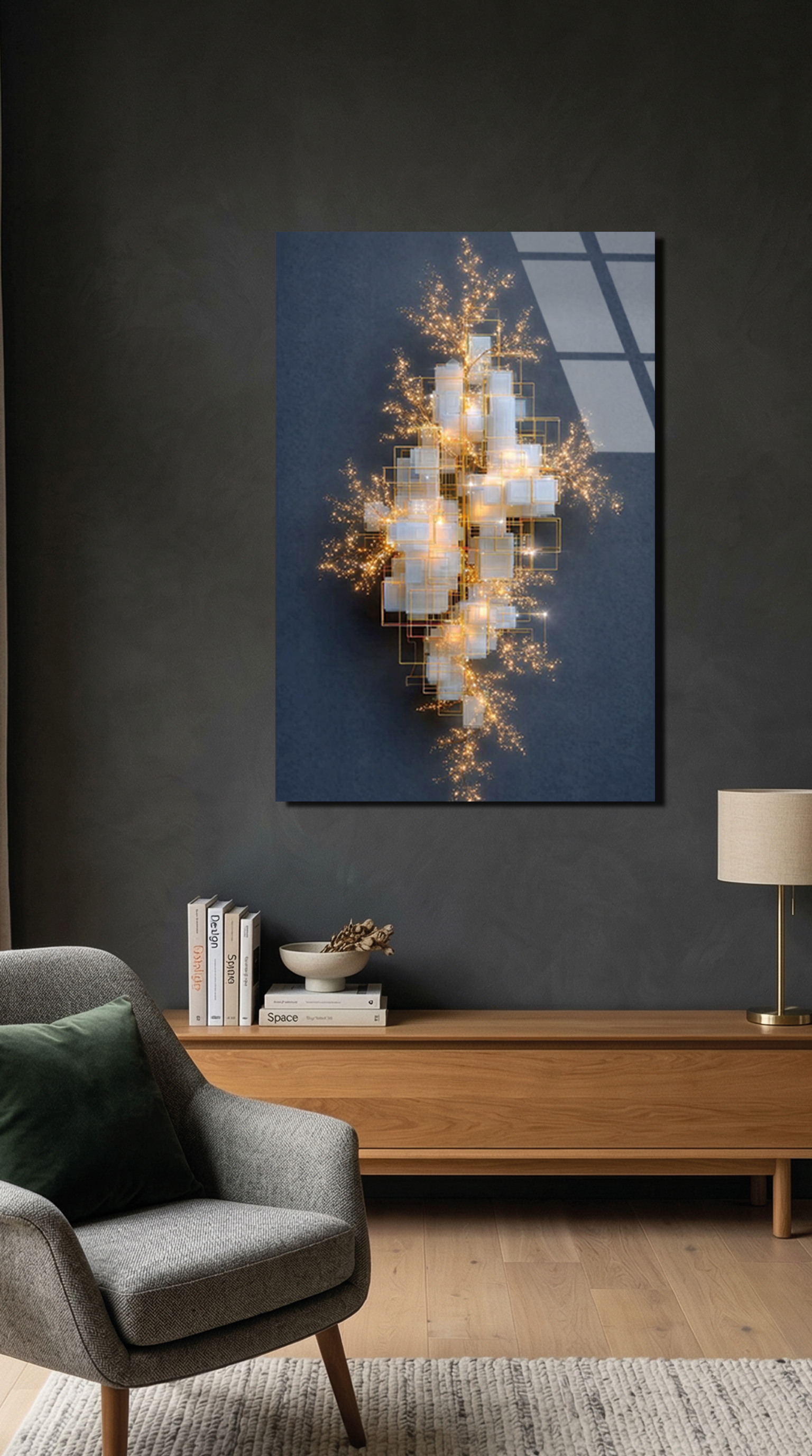 Altın Geometrik Işıklı Cam Tablo | Vitraum