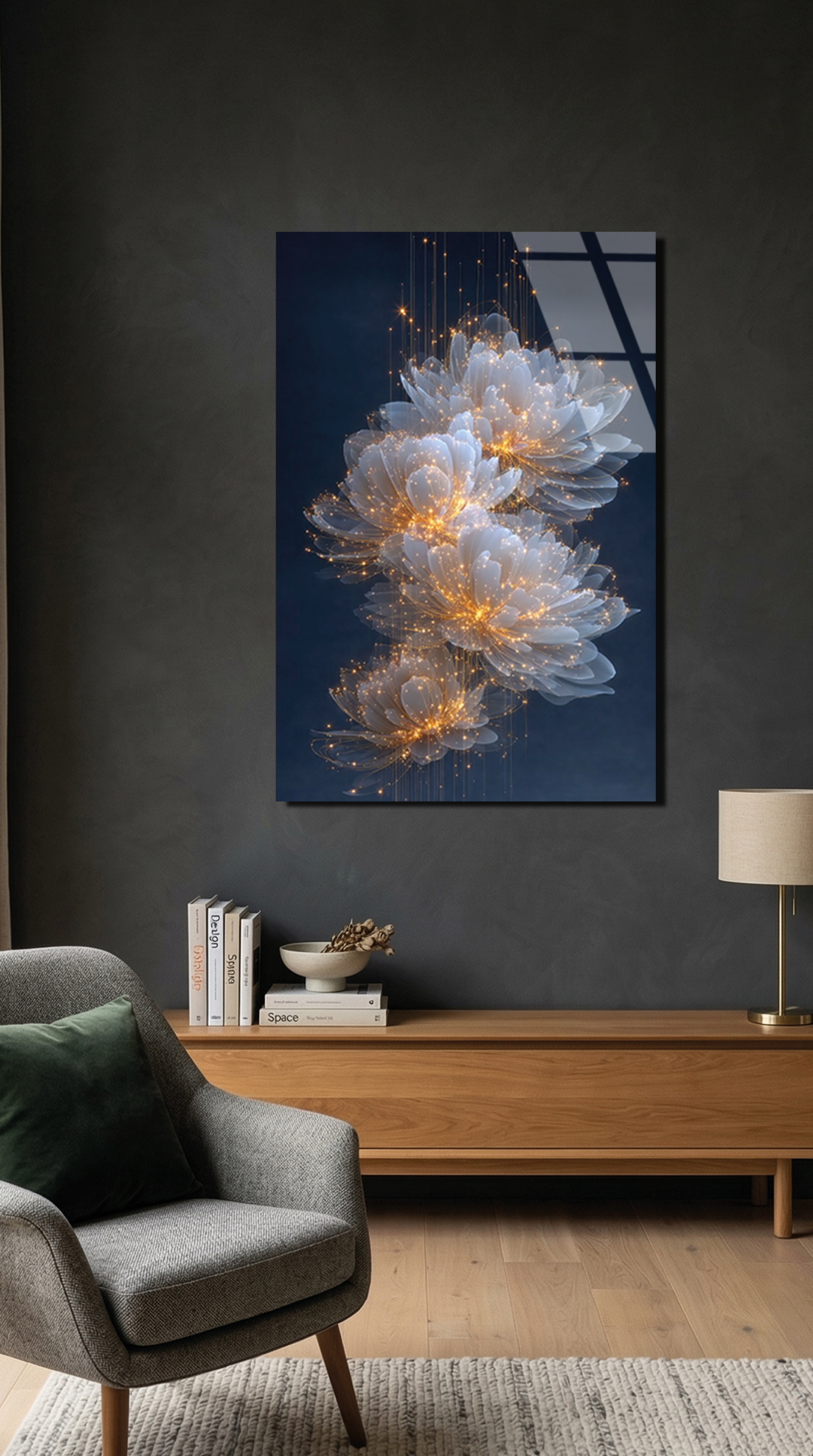 Altın Işıltılı Çiçekler Cam Tablo | Vitraum