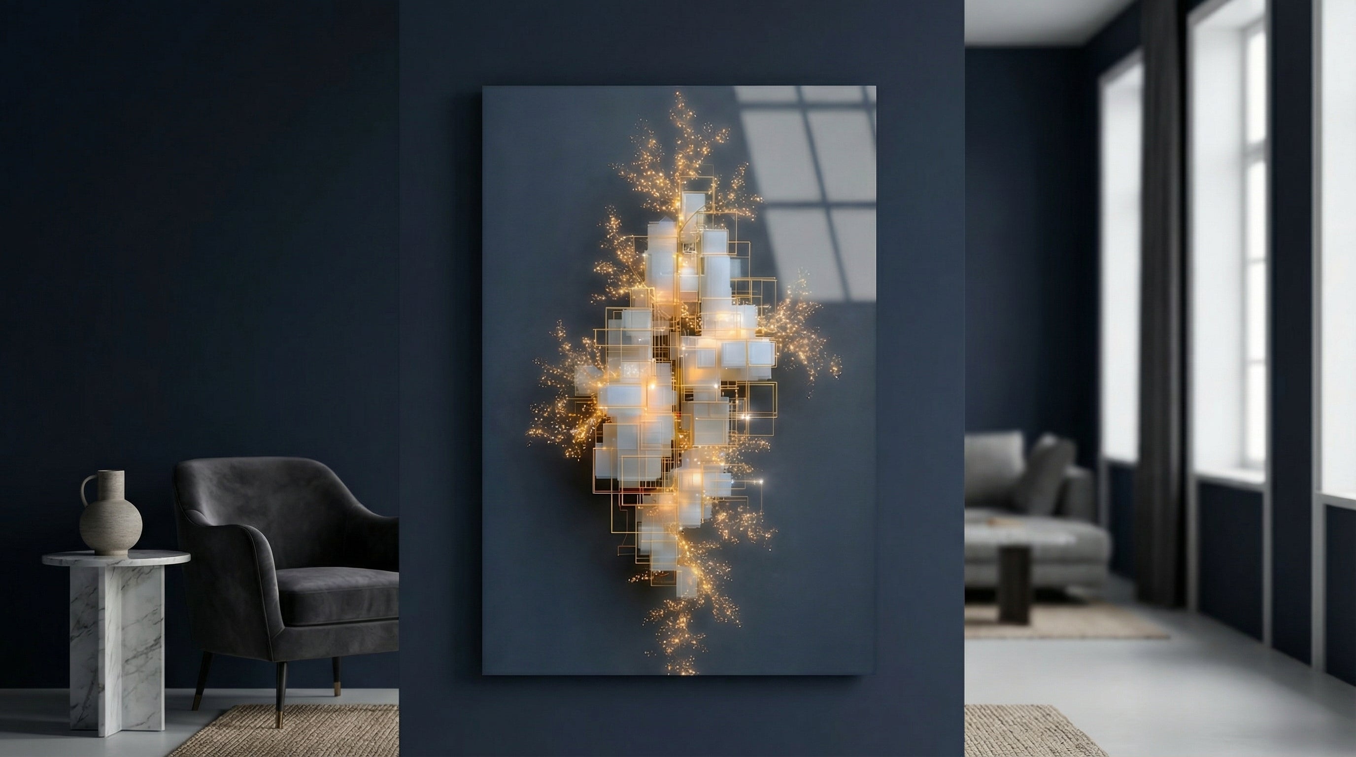 Altın Geometrik Işıklı Cam Tablo 5