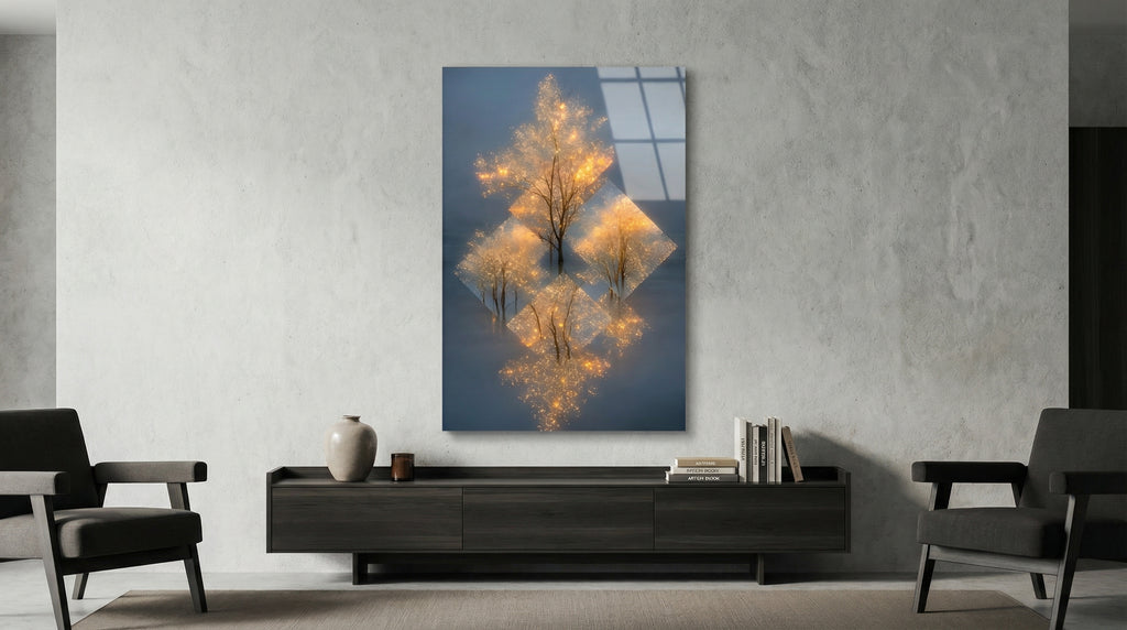 Altın Işık Ormanı Cam Tablo