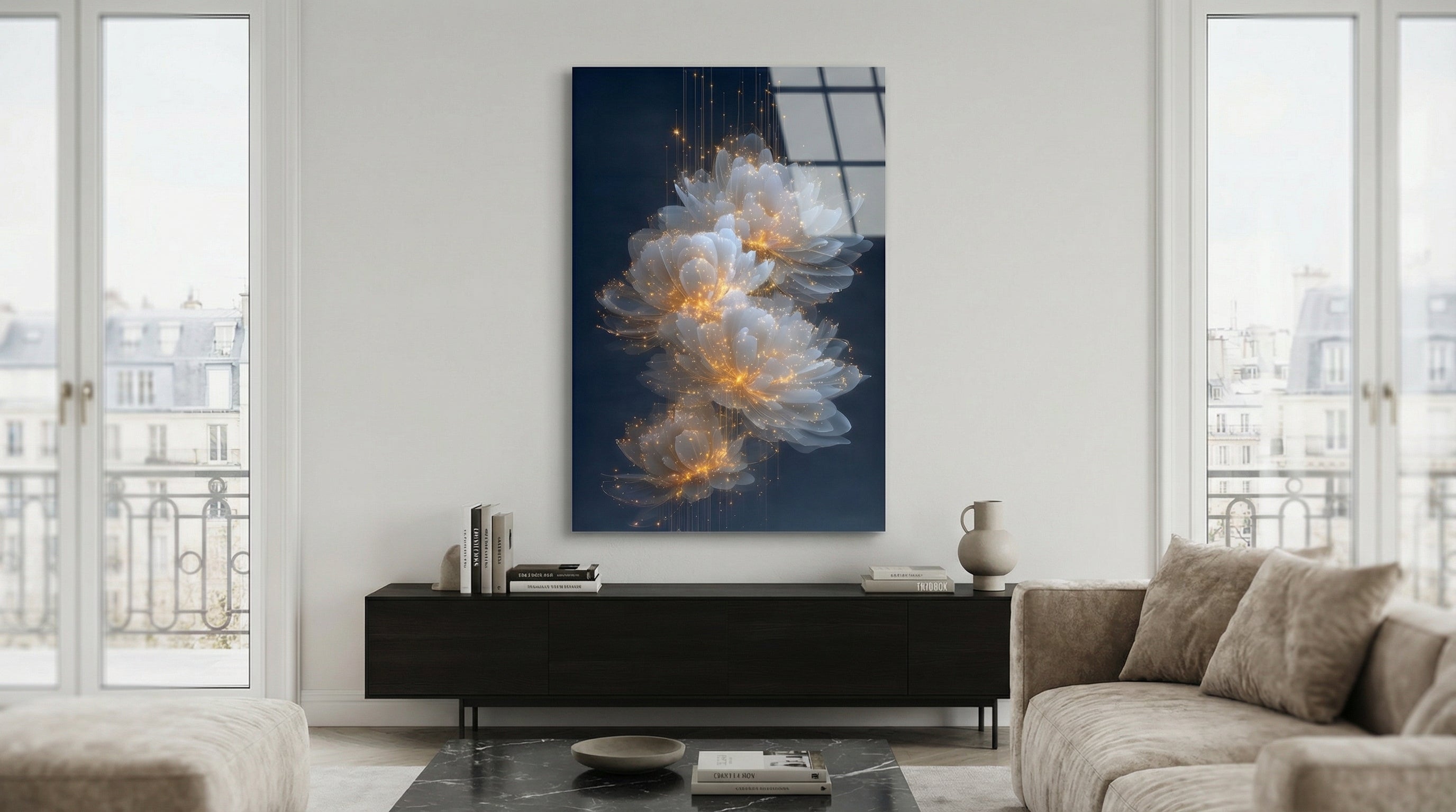 Altın Işıltılı Çiçekler Cam Tablo 4