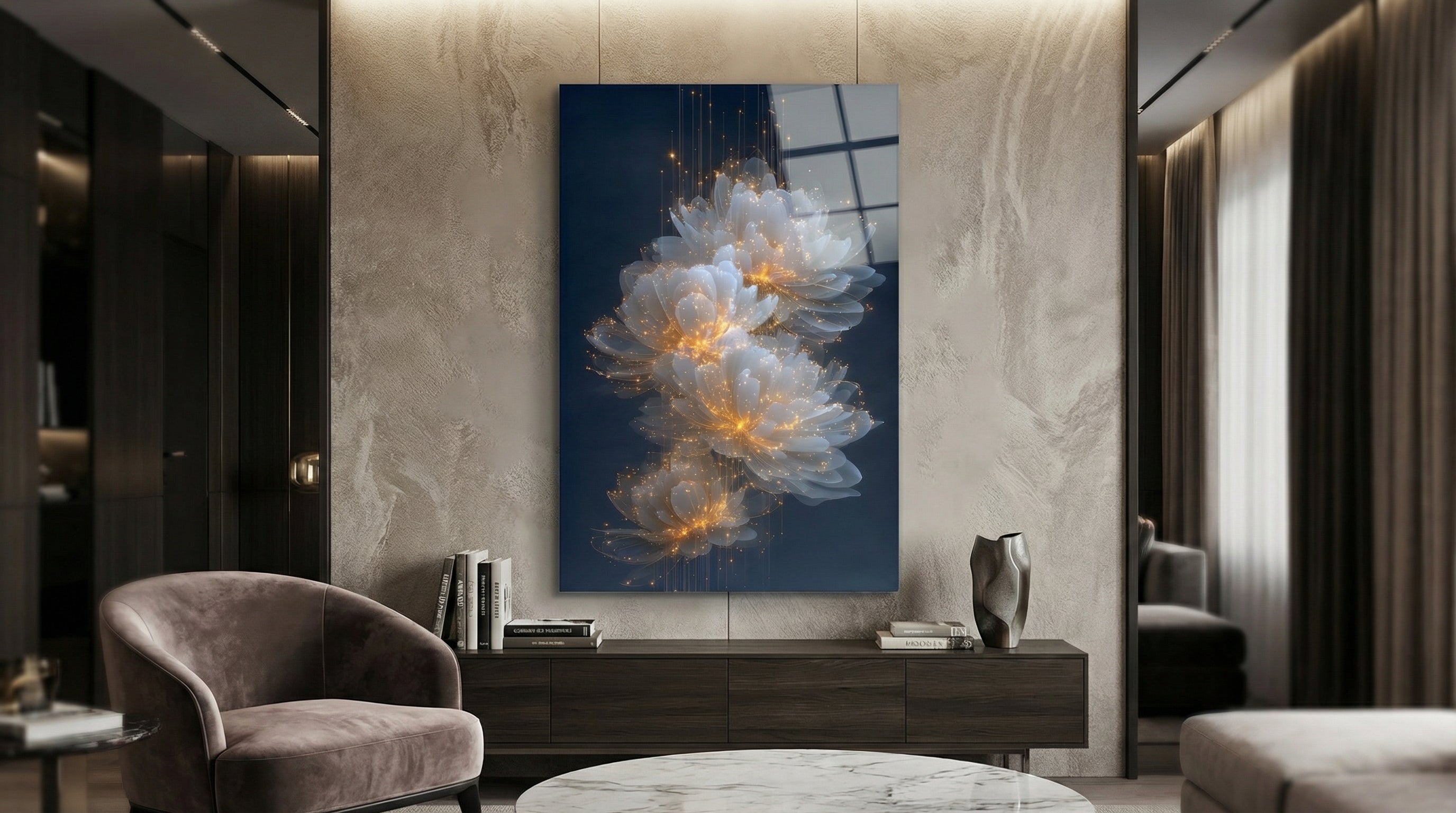 Altın Işıltılı Çiçekler Cam Tablo 5