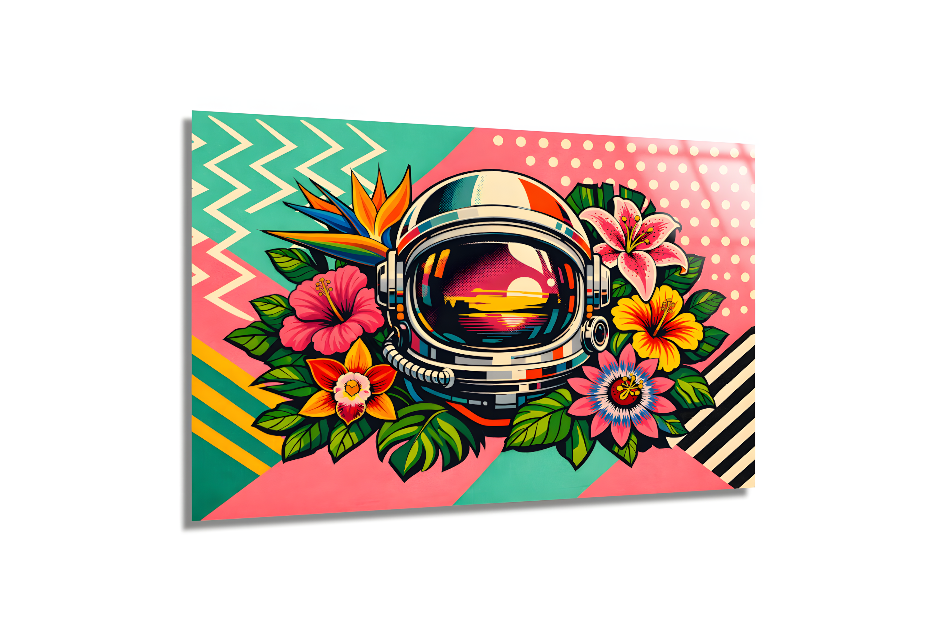 Astronot ve Tropik Çiçekler Cam Tablo 2