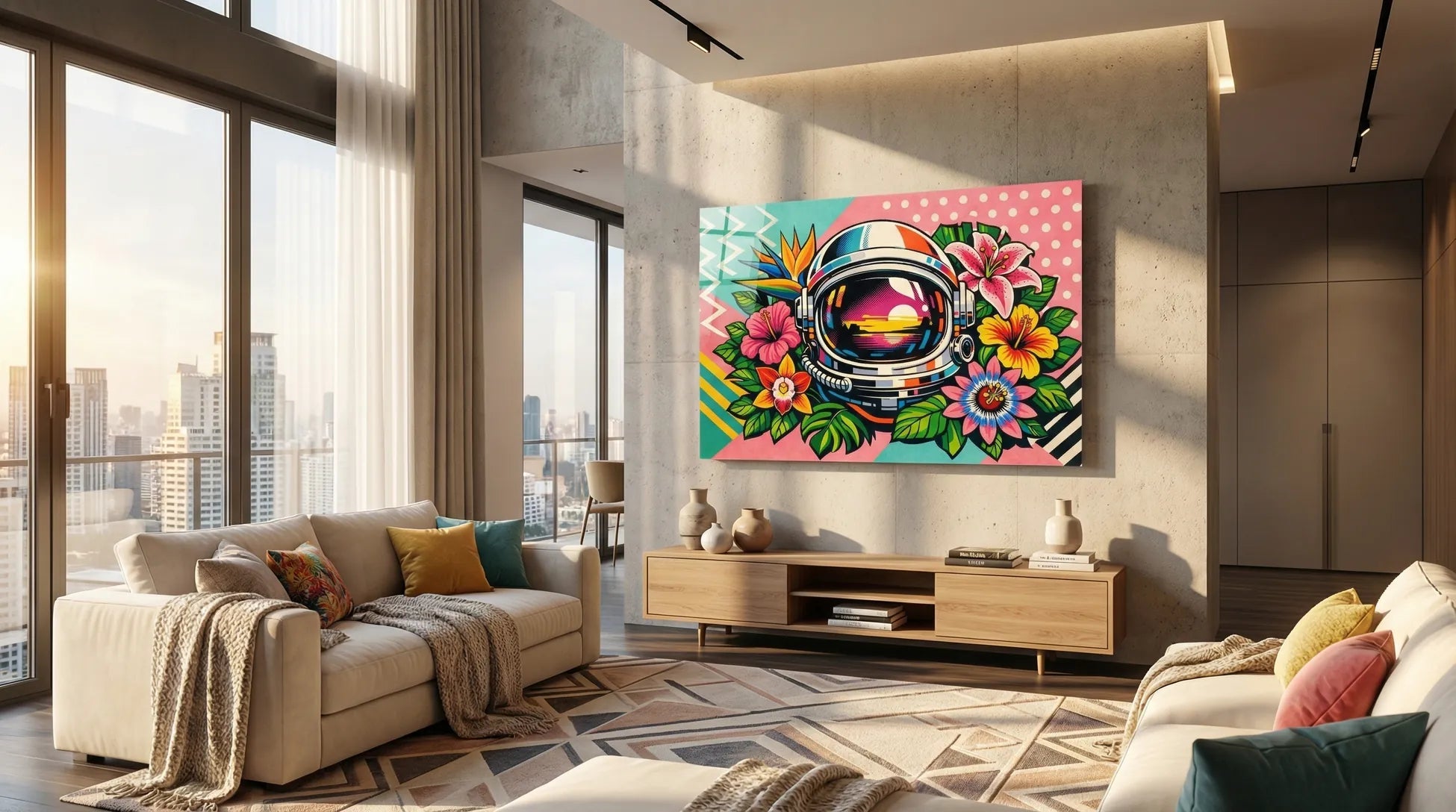 Astronot ve Tropik Çiçekler Cam Tablo 1