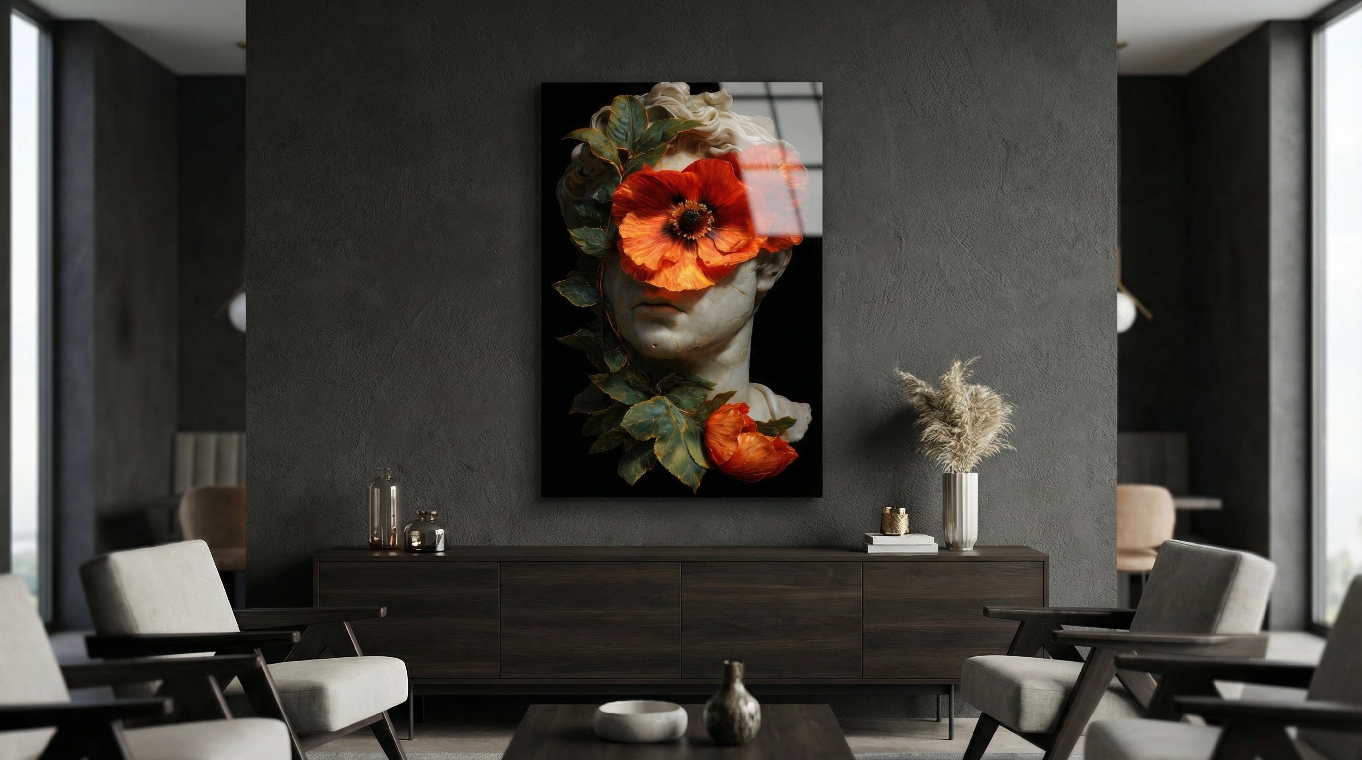 Çiçekli Antik Heykel Cam Tablo 1