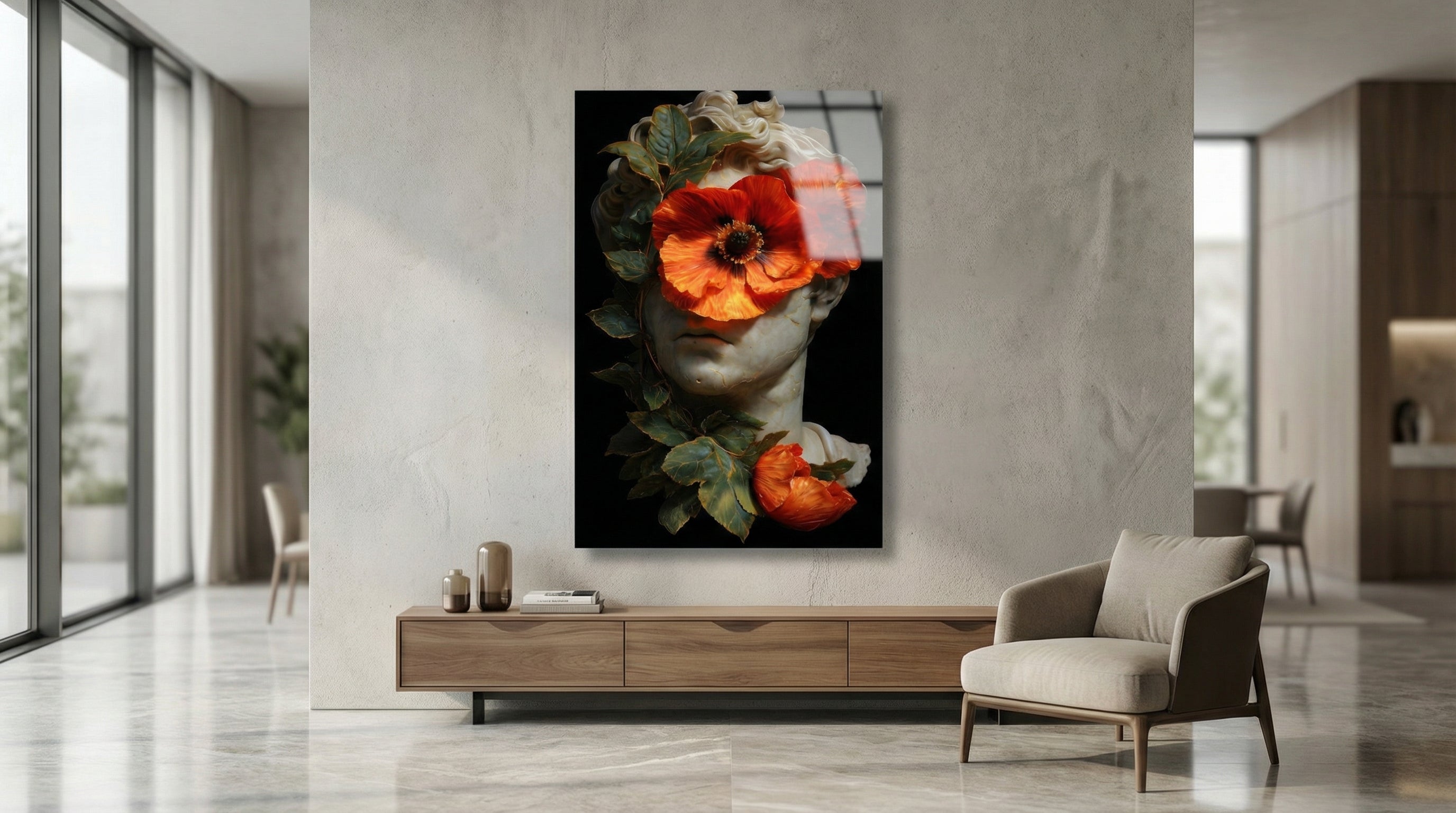 Çiçekli Antik Heykel Cam Tablo