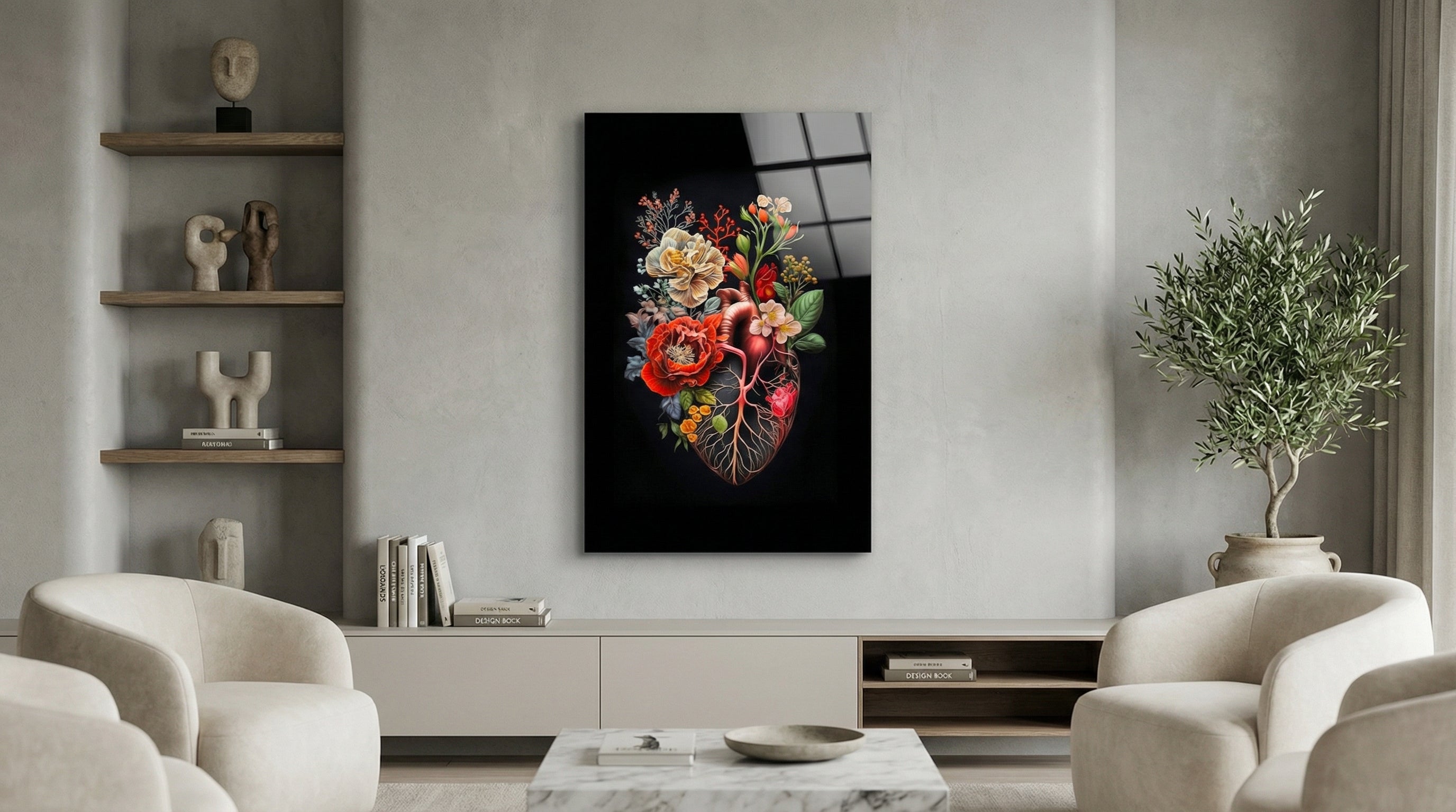 Modern Sanat Çiçekli Kalp Cam Tablo