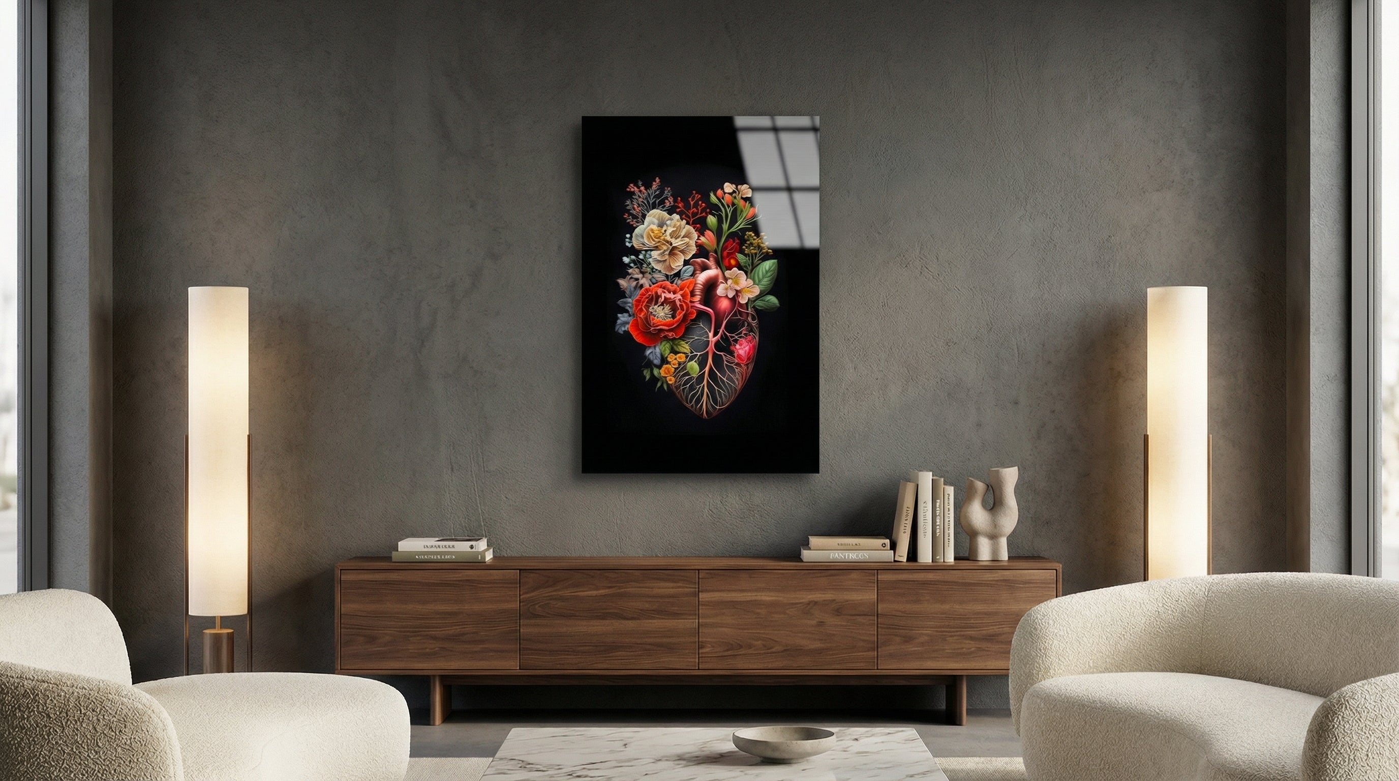 Modern Sanat Çiçekli Kalp Cam Tablo 1
