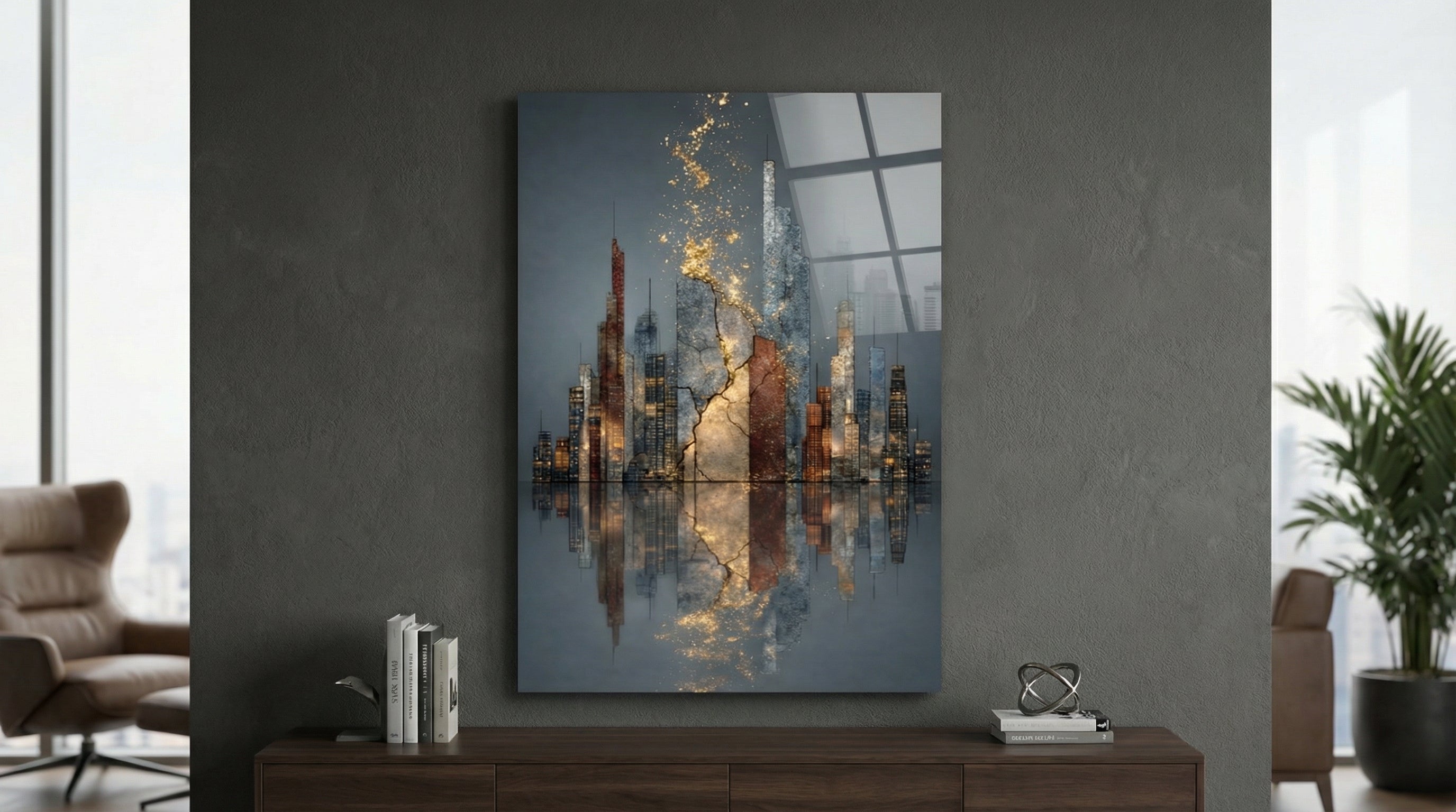 Modern Şehir Silüeti Altın Efektli Cam Tablo