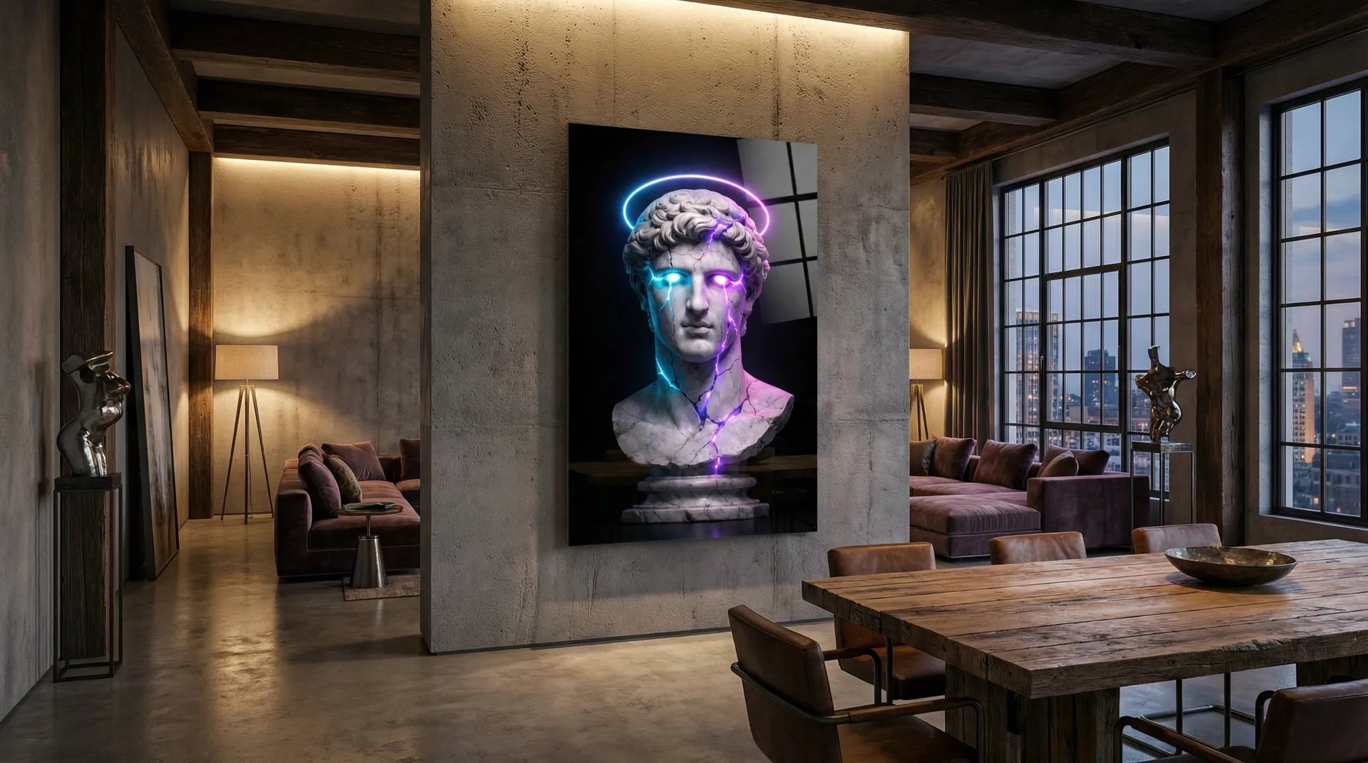 Neonlu Antik Heykel Cam Tablo 1