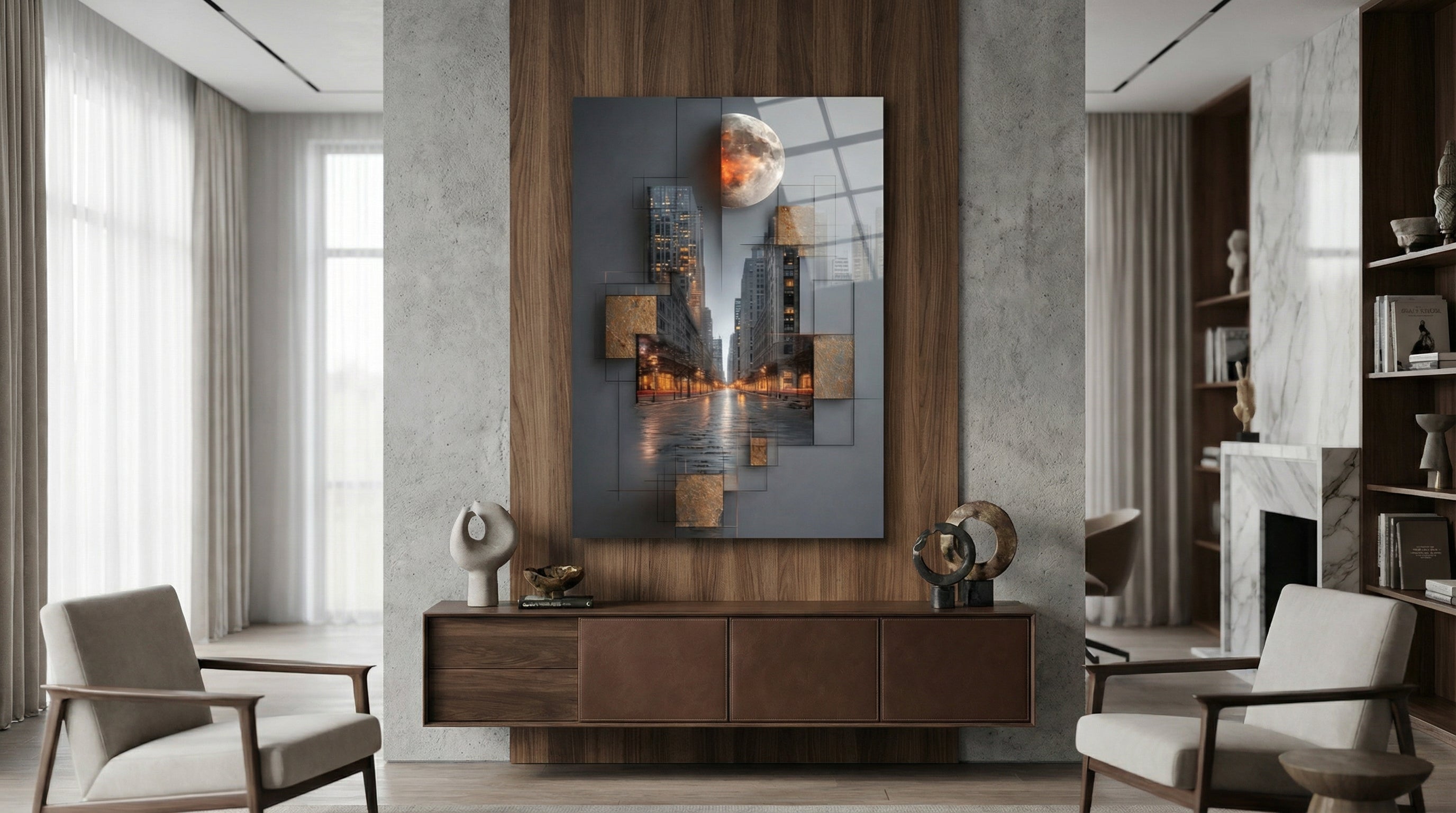 Premium Ay ve Şehir Silüeti Cam Tablo 1