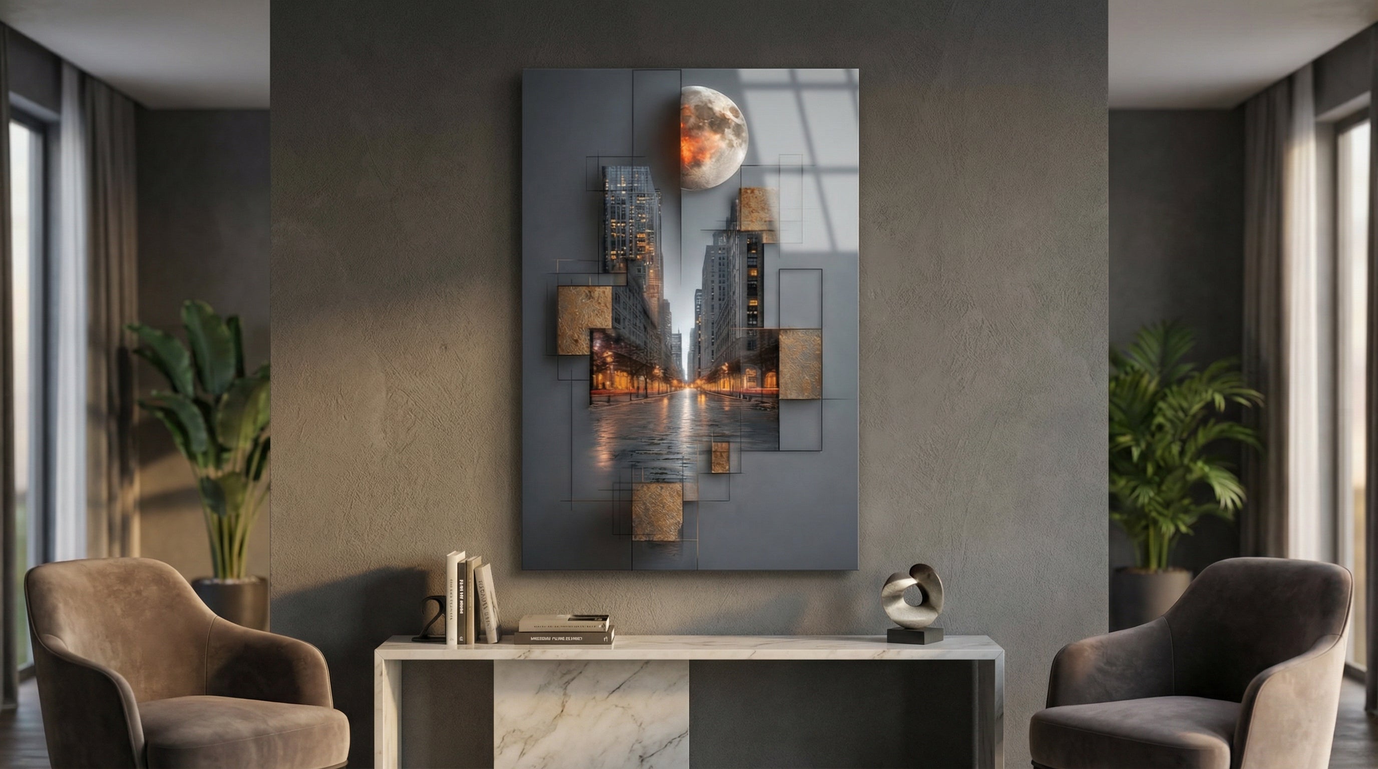 Premium Ay ve Şehir Silüeti Cam Tablo 4