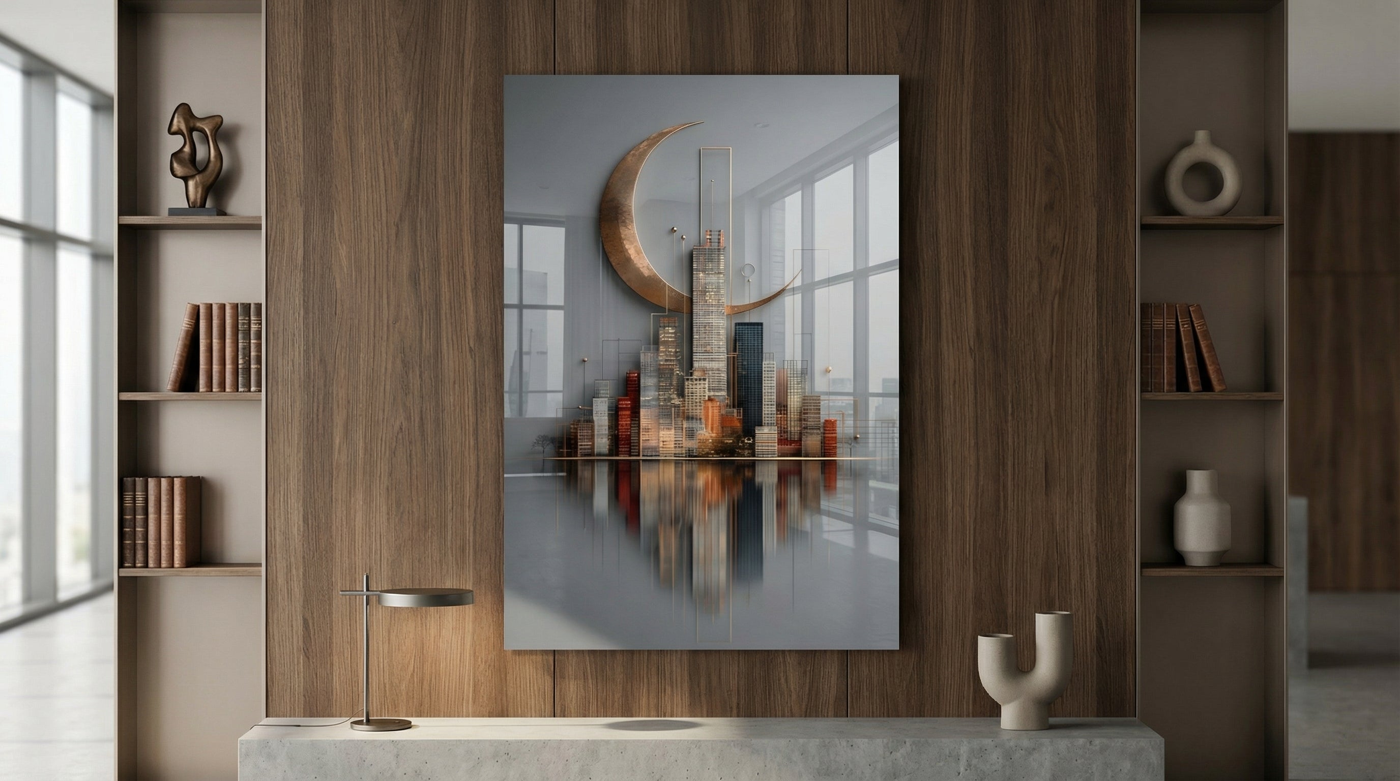 Premium Hilal ve Şehir Silüeti Cam Tablo