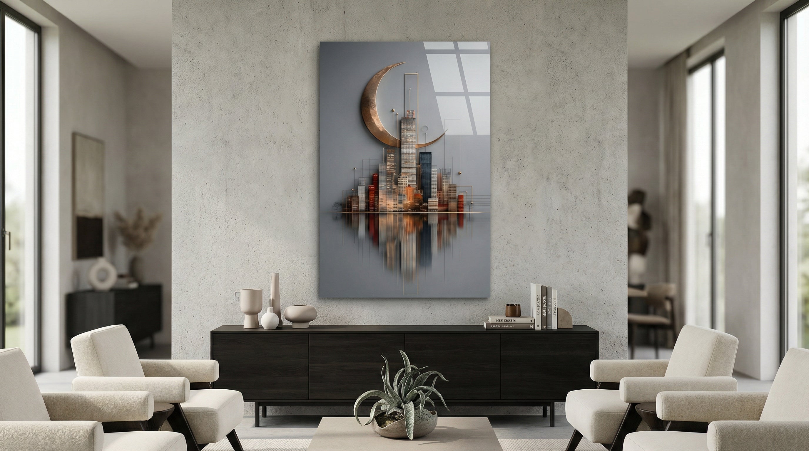 Premium Hilal ve Şehir Silüeti Cam Tablo 2