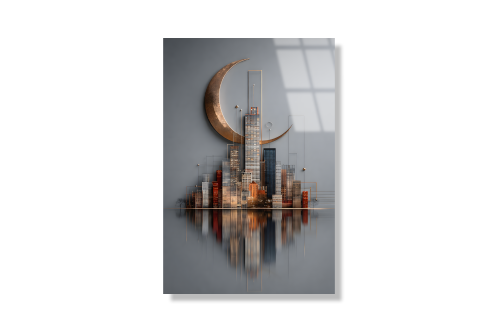 Premium Hilal ve Şehir Silüeti Cam Tablo 4