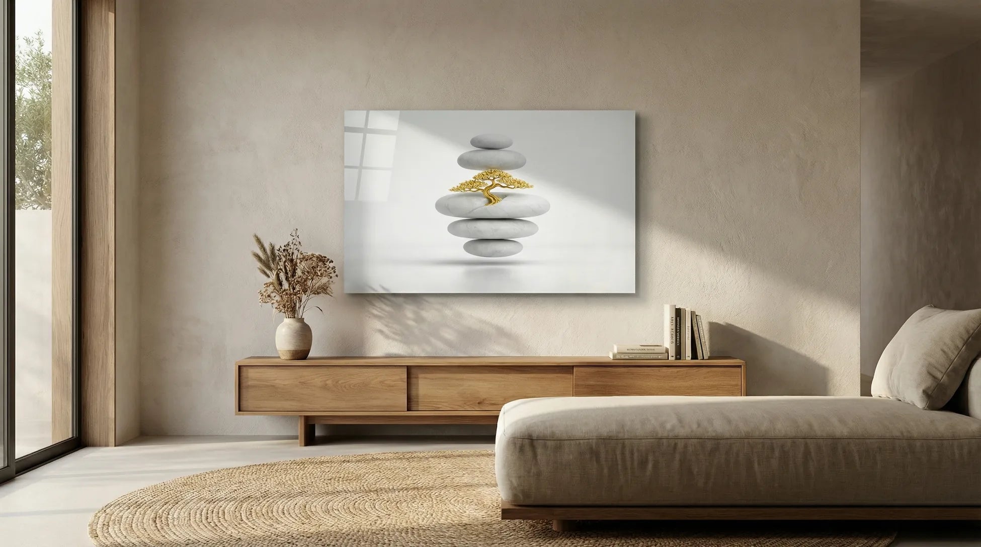 Zen Taşları ve Altın Bonsai Ağacı Cam Tablo 1