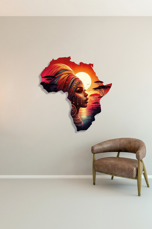 Afrika Haritası Silueti Etnik Kadın Metal Tablo
