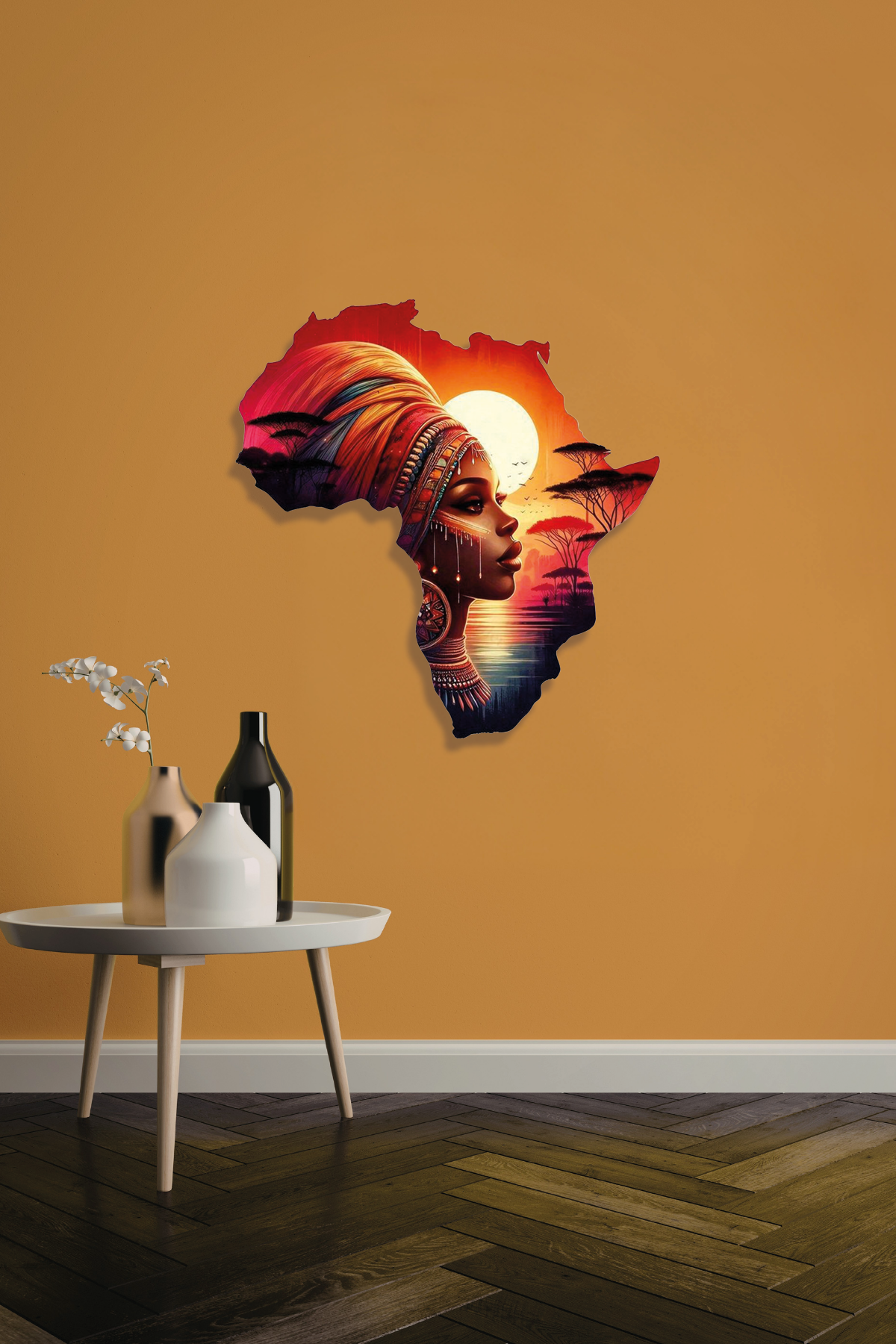 Afrika Haritası Silueti Etnik Kadın Metal Tablo