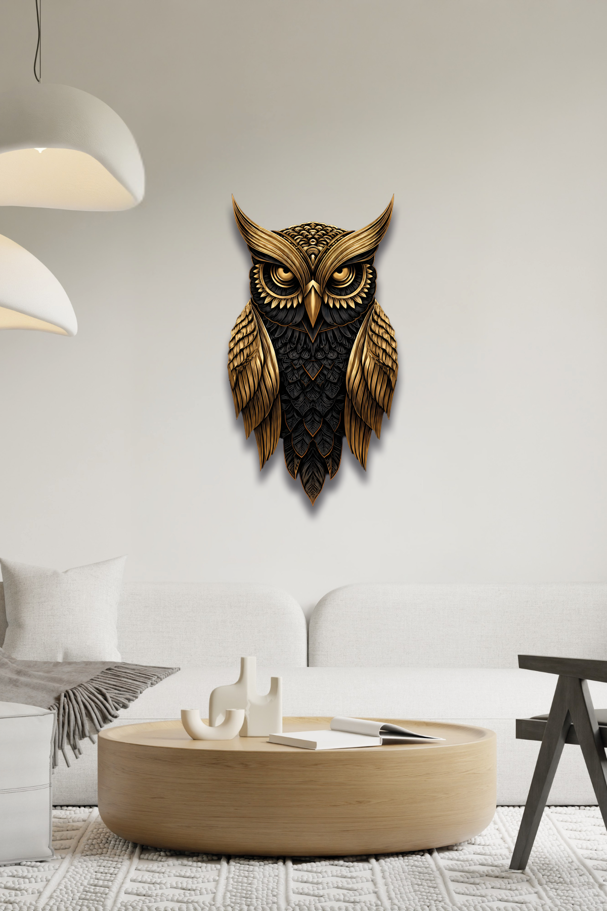 Altın Detaylı Geometrik Baykuş Silüeti Metal Tablo