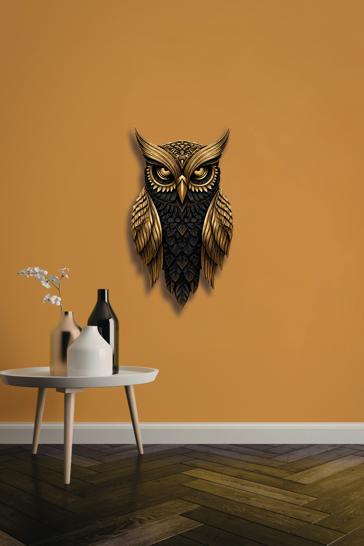 Altın Detaylı Geometrik Baykuş Silüeti Metal Tablo