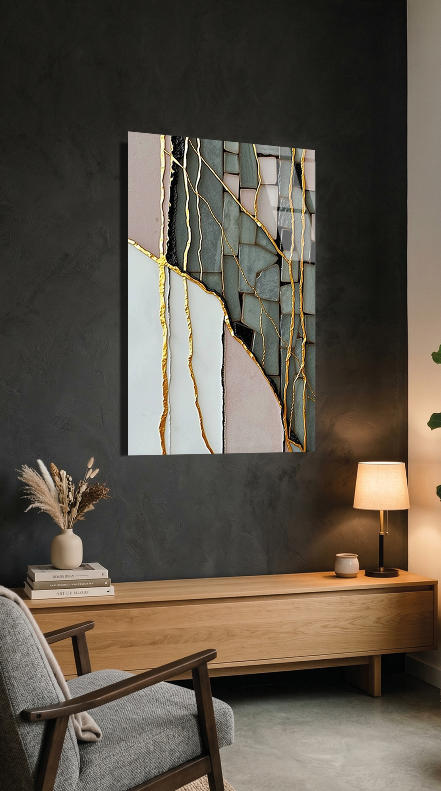 Altın Detaylı Mozaik ve Mermer Desenli Soyut Cam Tablo | Vitraum