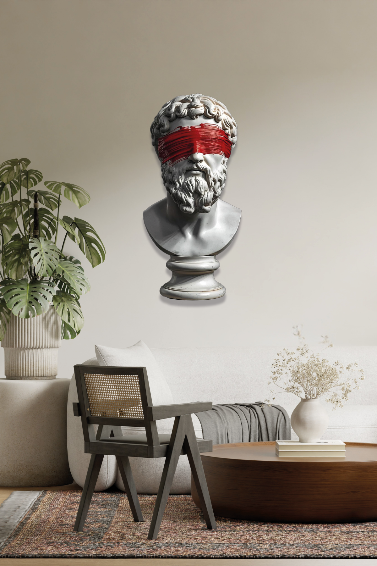 Antik Yunan Heykel Bust Kirmizi Boya Detayli Metal Tablo