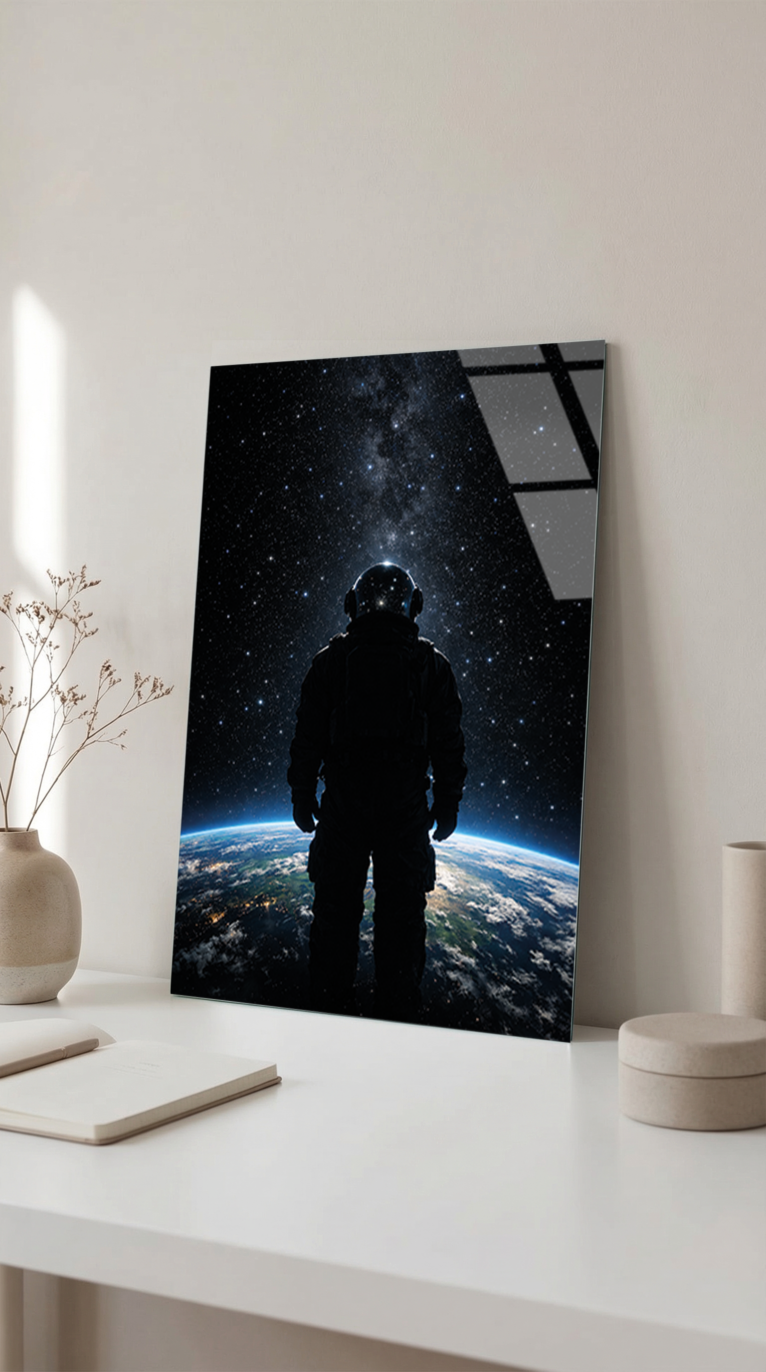 Astronot ve Dünya Yansıması Temalı Cam Tablo