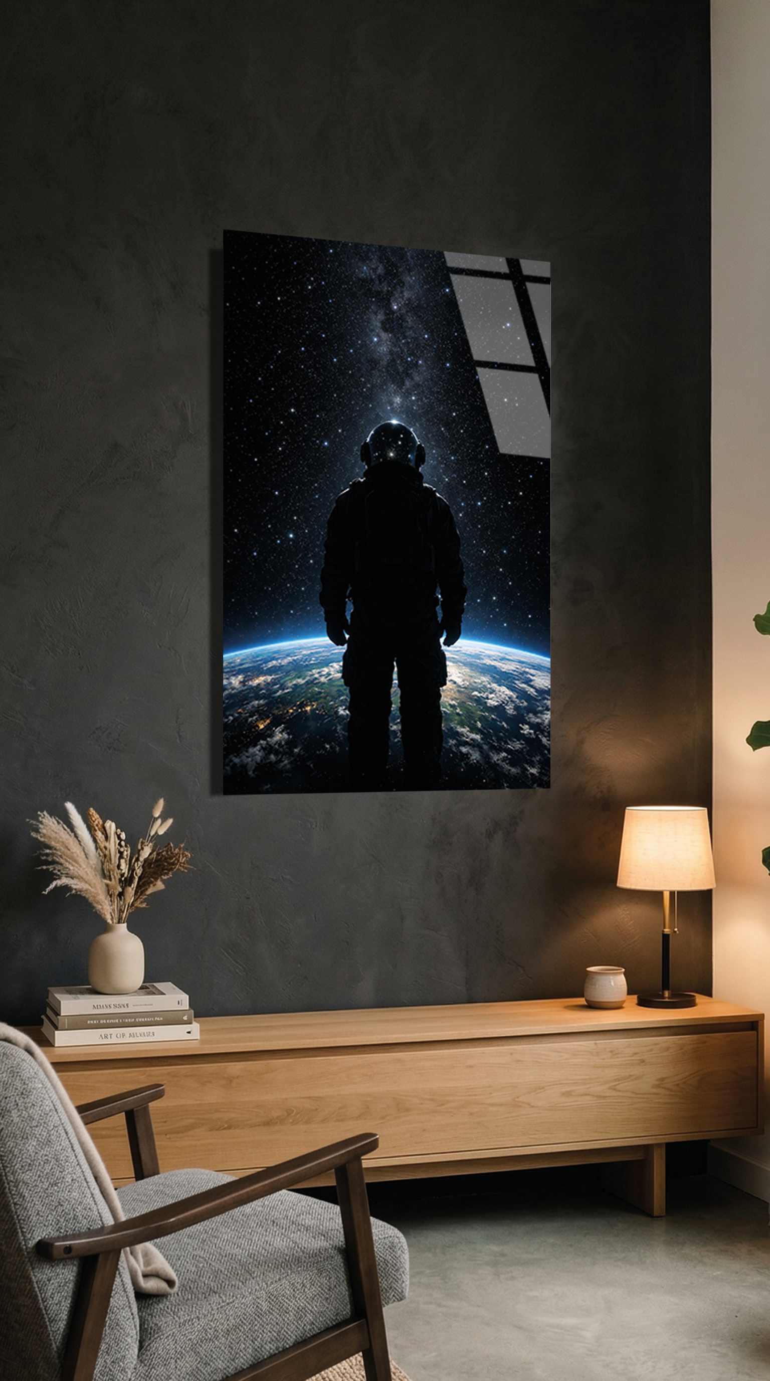 Astronot ve Dünya Yansıması Temalı Cam Tablo