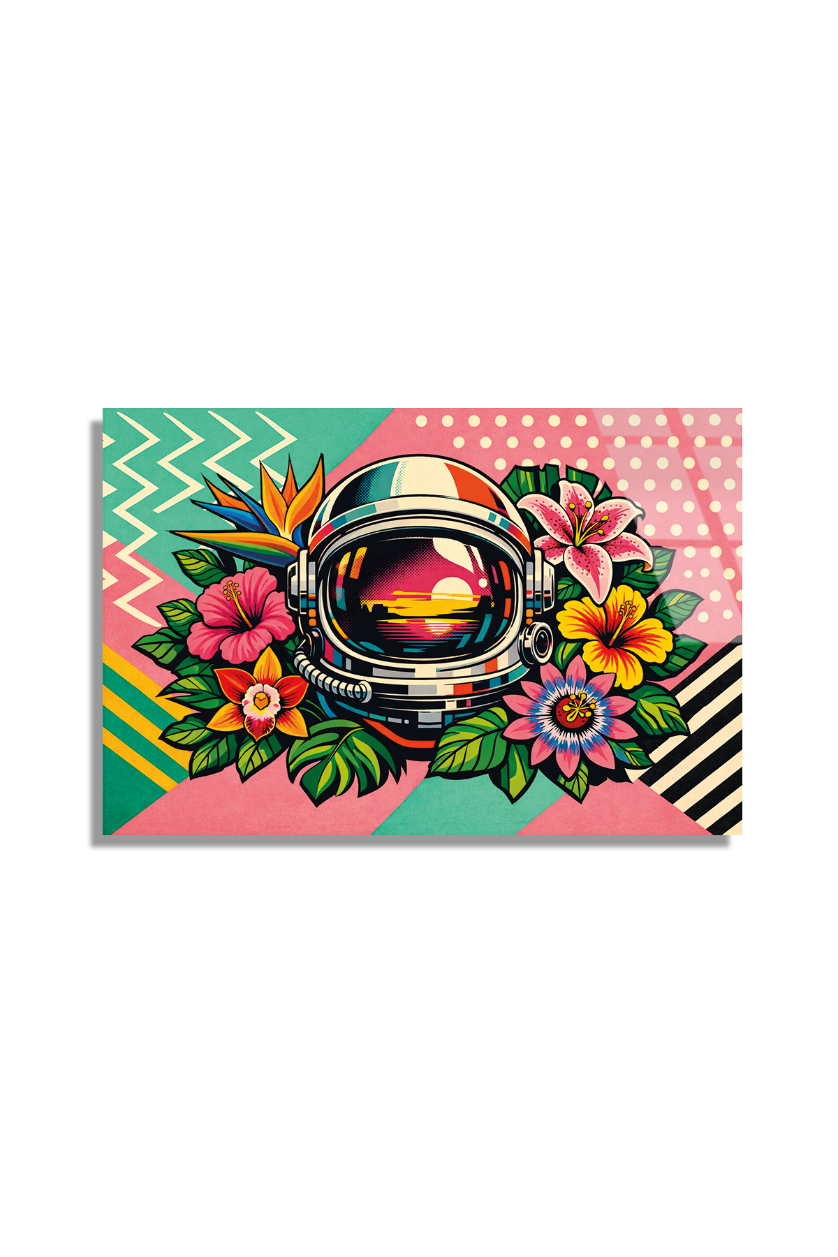 Astronot ve Tropik Çiçekler Cam Tablo | Vitraum
