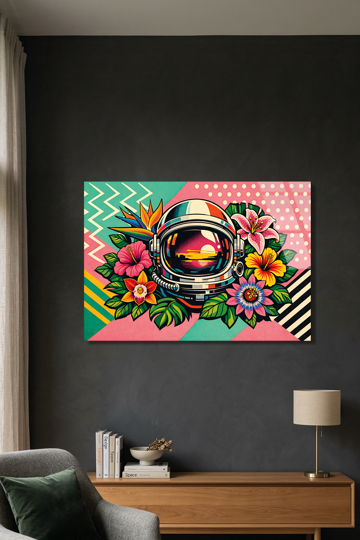 Astronot ve Tropik Çiçekler Cam Tablo | Vitraum