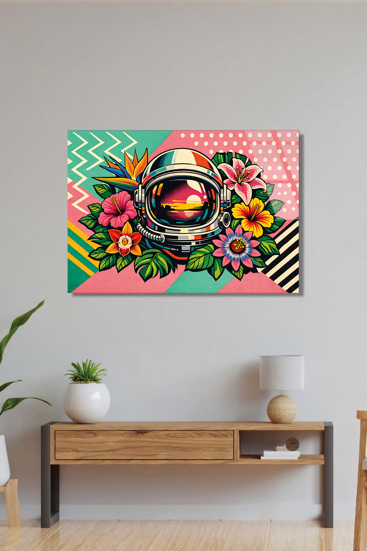 Astronot ve Tropik Çiçekler Cam Tablo | Vitraum