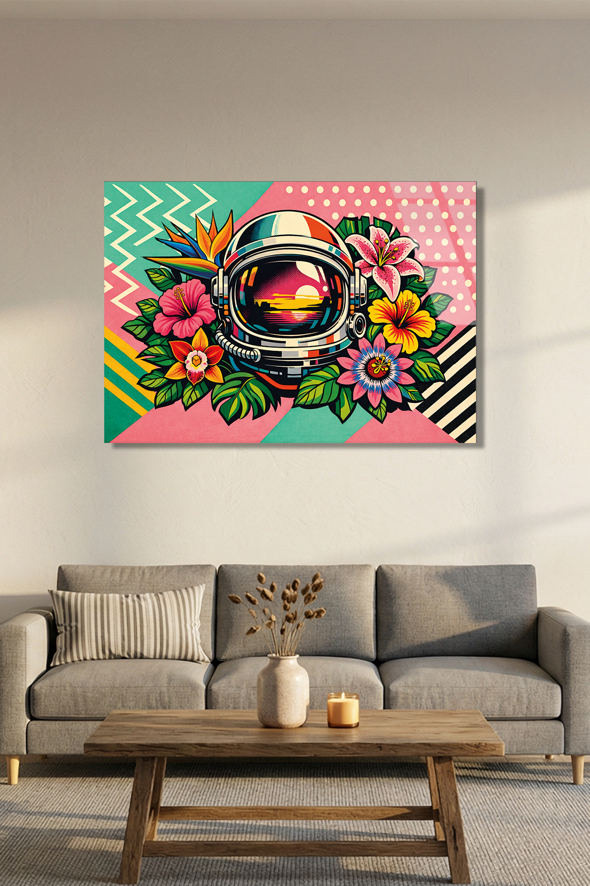 Astronot ve Tropik Çiçekler Cam Tablo | Vitraum
