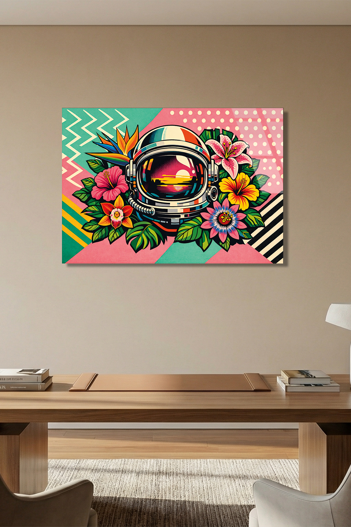 Astronot ve Tropik Çiçekler Cam Tablo | Vitraum