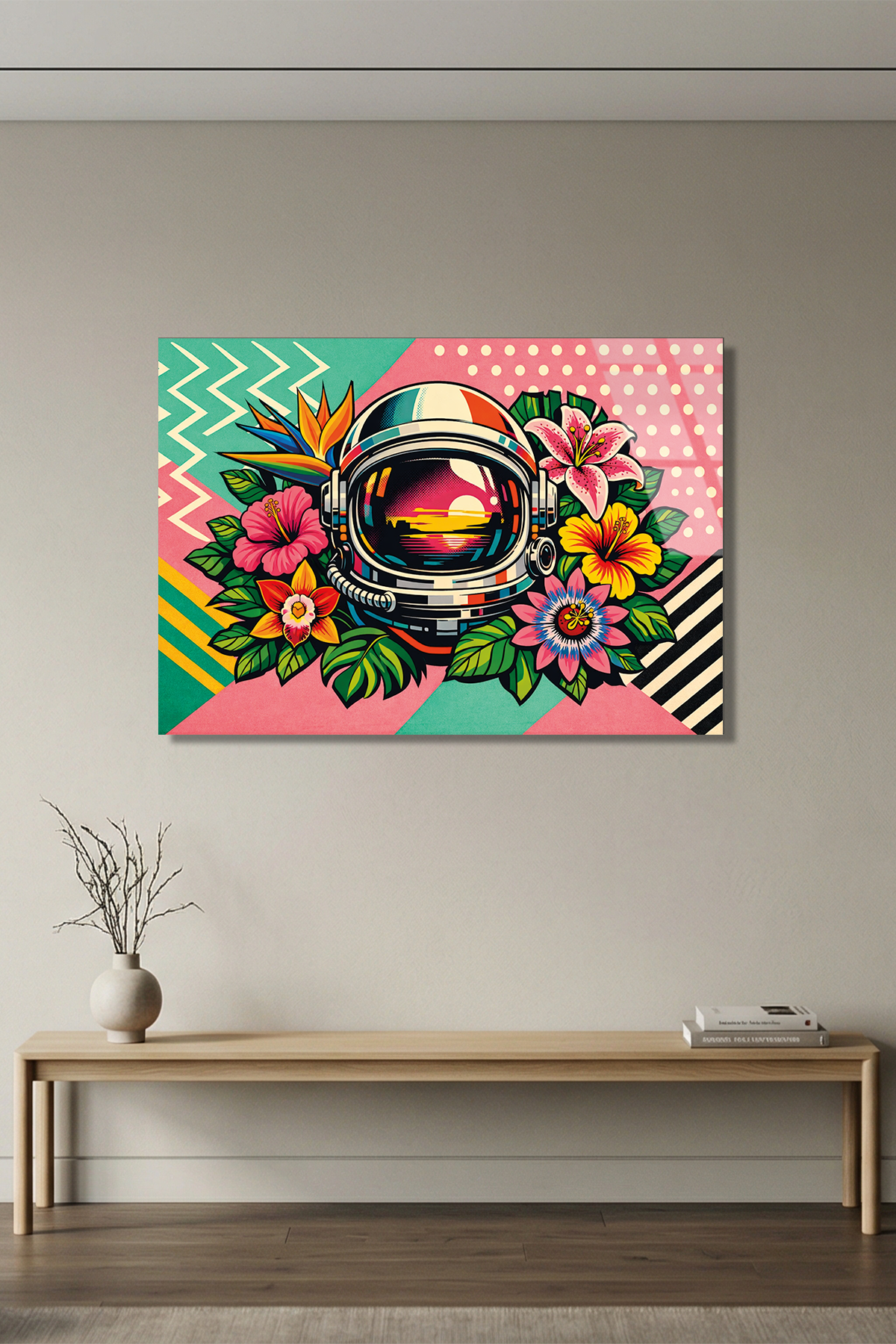 Astronot ve Tropik Çiçekler Cam Tablo | Vitraum
