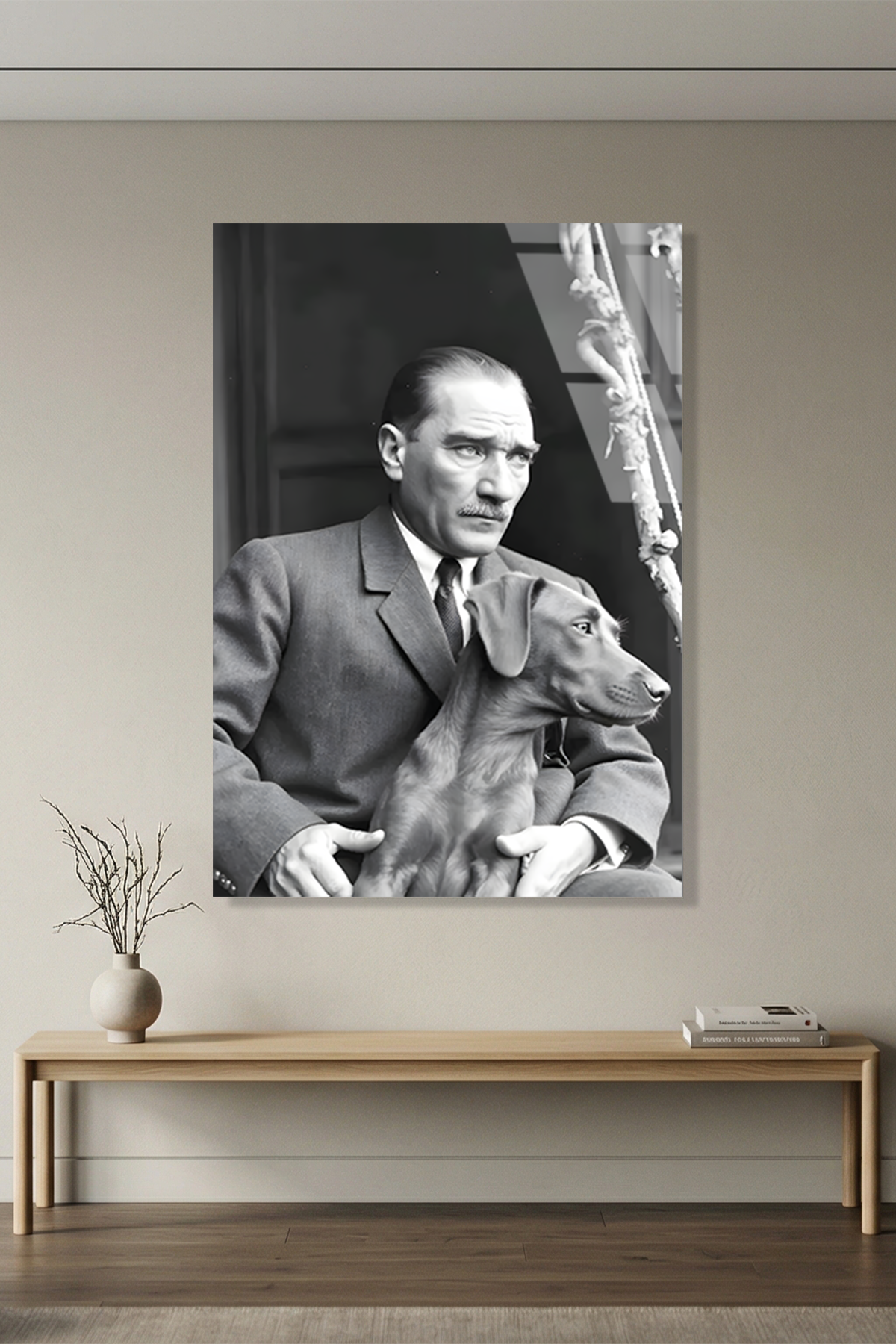 Atatürk ve Köpeği Fox Nostalji Cam Tablo | Vitraum