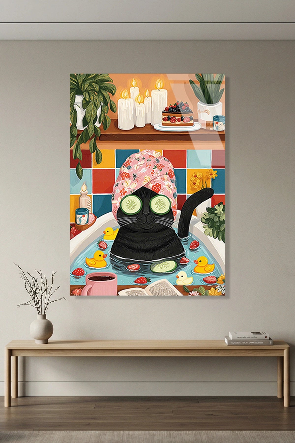 Banyoda Salatalık Maskesi Yapan Esprili Kara Kedi Cam Tablo